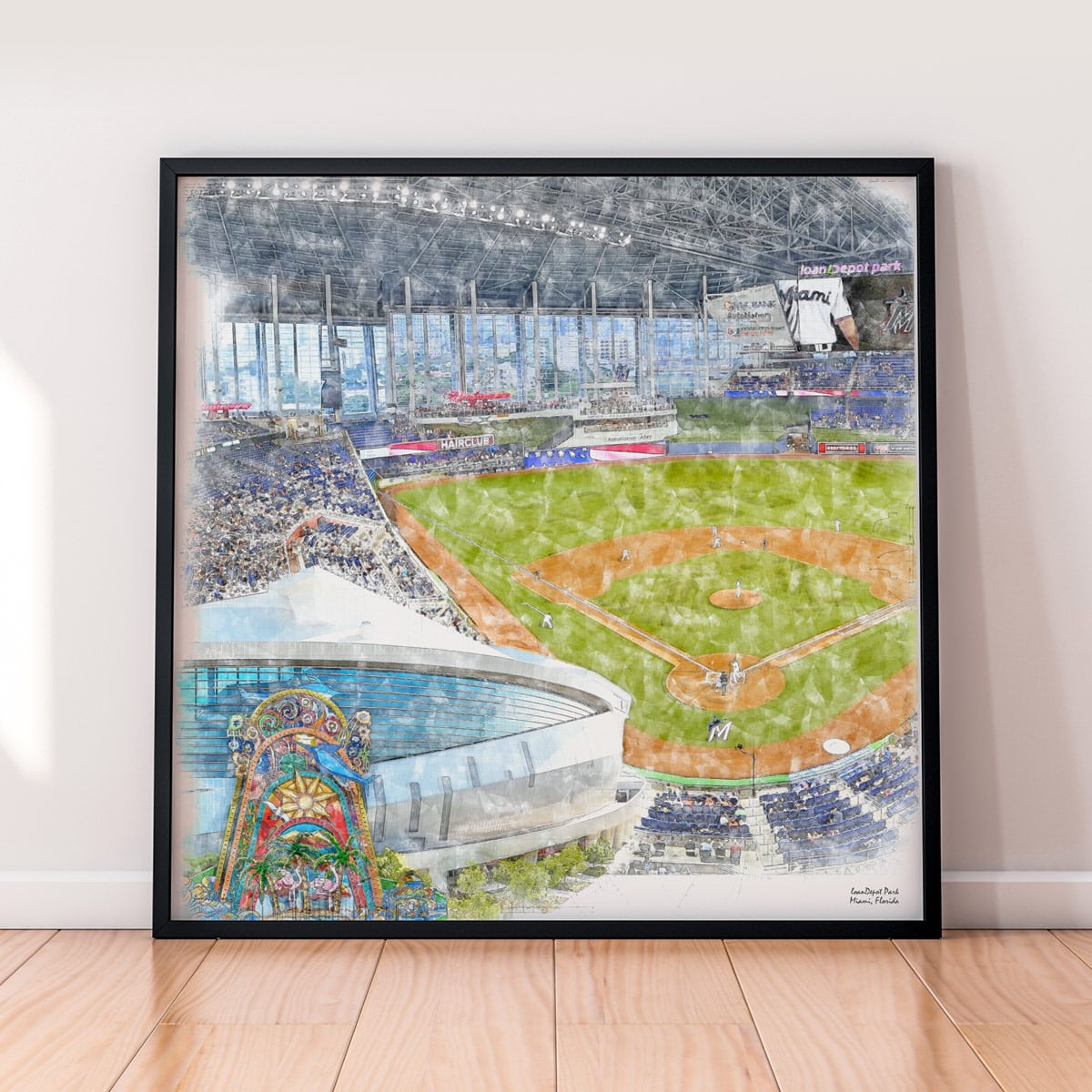 floor-print-mlb-mia loanDepot Park Print, Artist Drawn Baseball Stadium, Miami Marlins Baseball