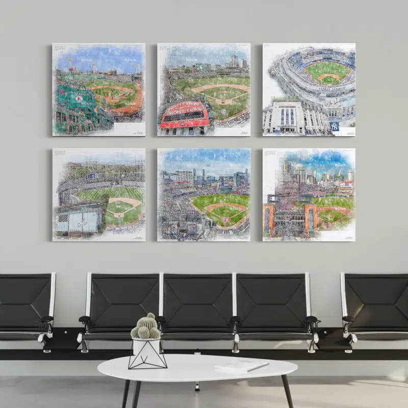My original, unique artist drawn baseball stadium prints make the perfect gift for any baseball fan. Available as fine art prints or personalized canvas wraps.
