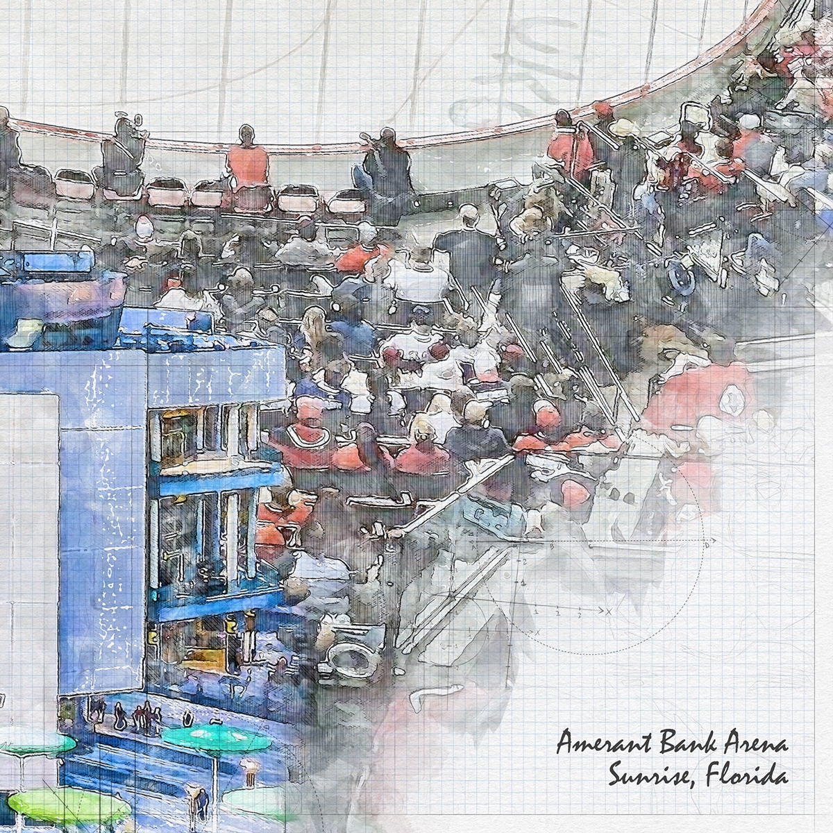 close-nhl-fla-03 Amerant Bank Arena Print, Artist Drawn Hockey Arena, Florida Panthers Hockey