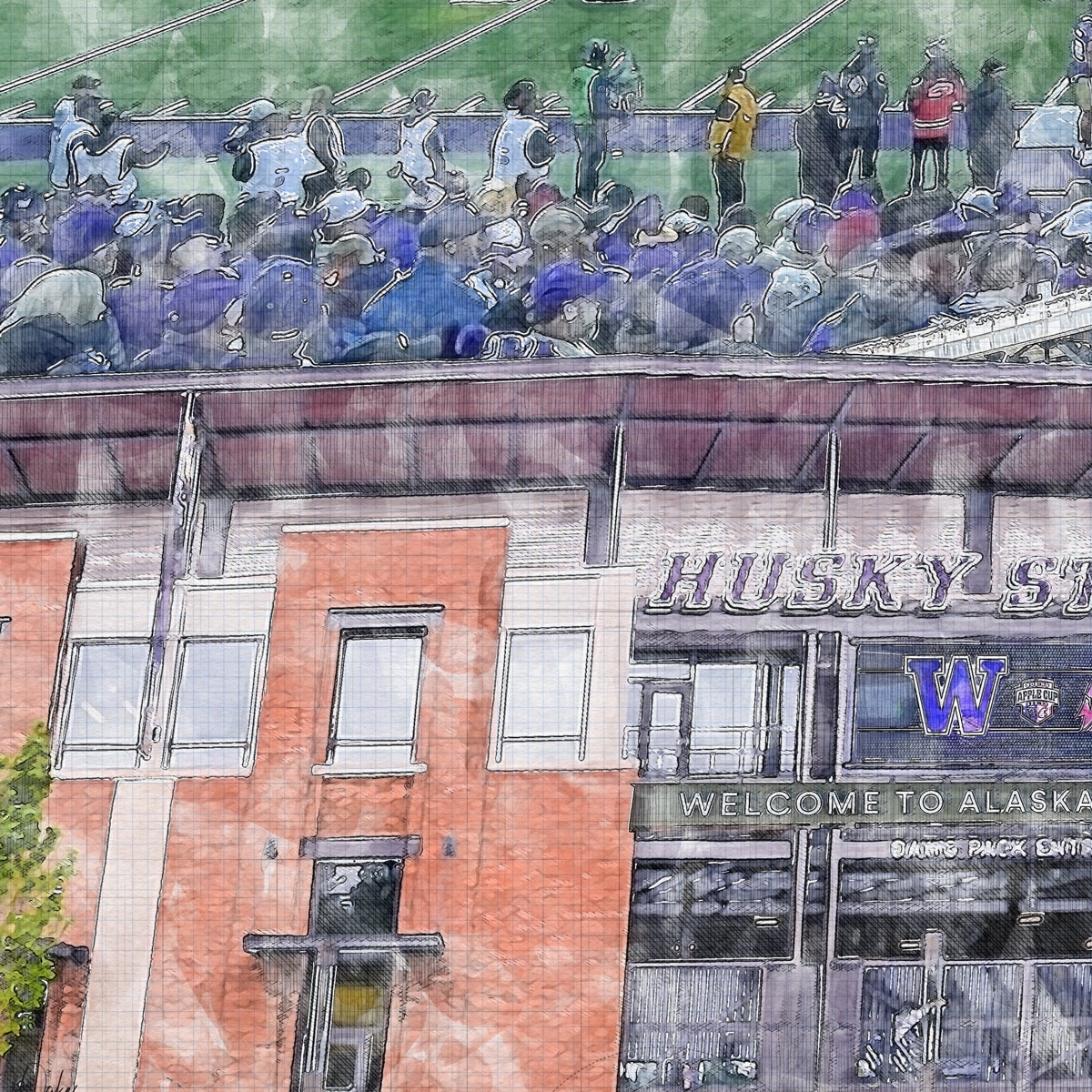 close-ncaa-uw-01 Alaska Airlines Field at Husky Stadium Print, Artist Drawn College Football Stadium, University of Washington Huskies College Football