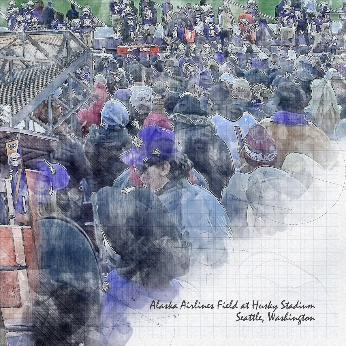 close-ncaa-uw-03 Alaska Airlines Field at Husky Stadium Print, Artist Drawn College Football Stadium, University of Washington Huskies College Football