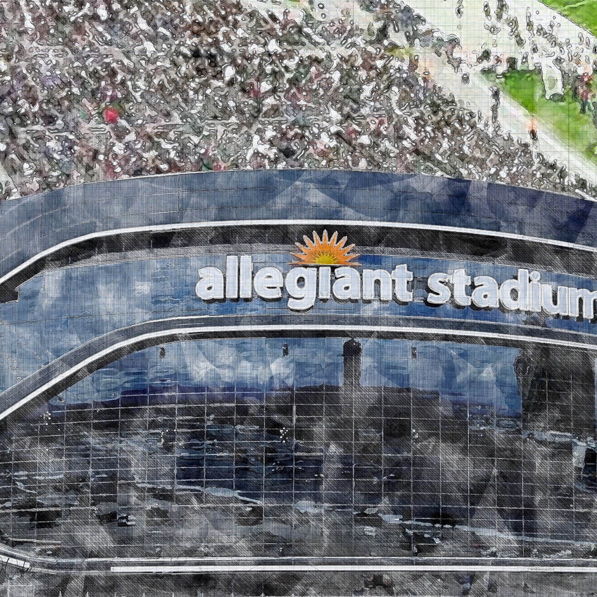 close-nfl-lsv-01 Allegiant Stadium Print, Artist Drawn Football Stadium, Las Vegas Raiders Football