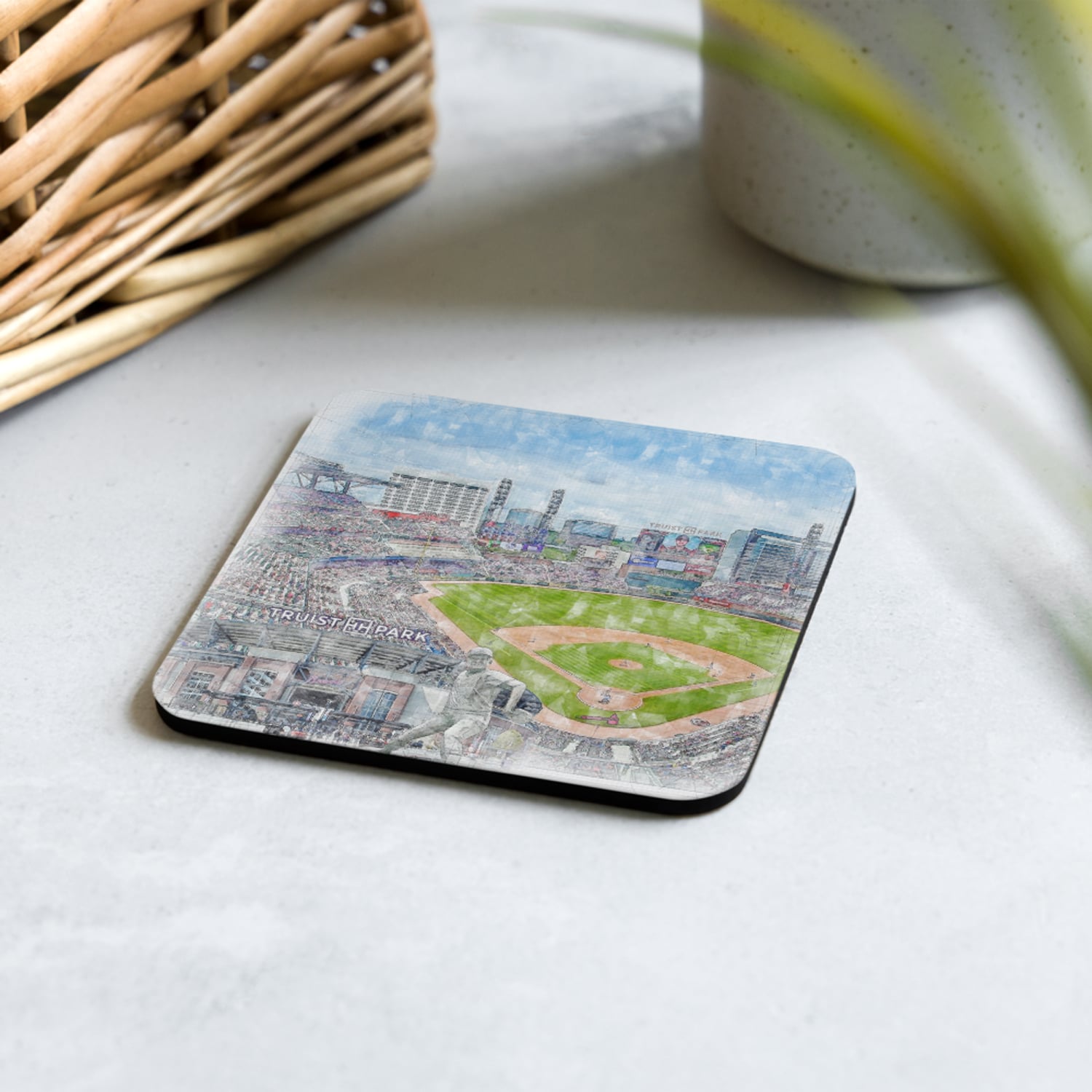 mlb-atl-cstr-7 Truist Park High Gloss Coated, Cork-Backed Drink Coaster, Atlanta Braves Baseball
