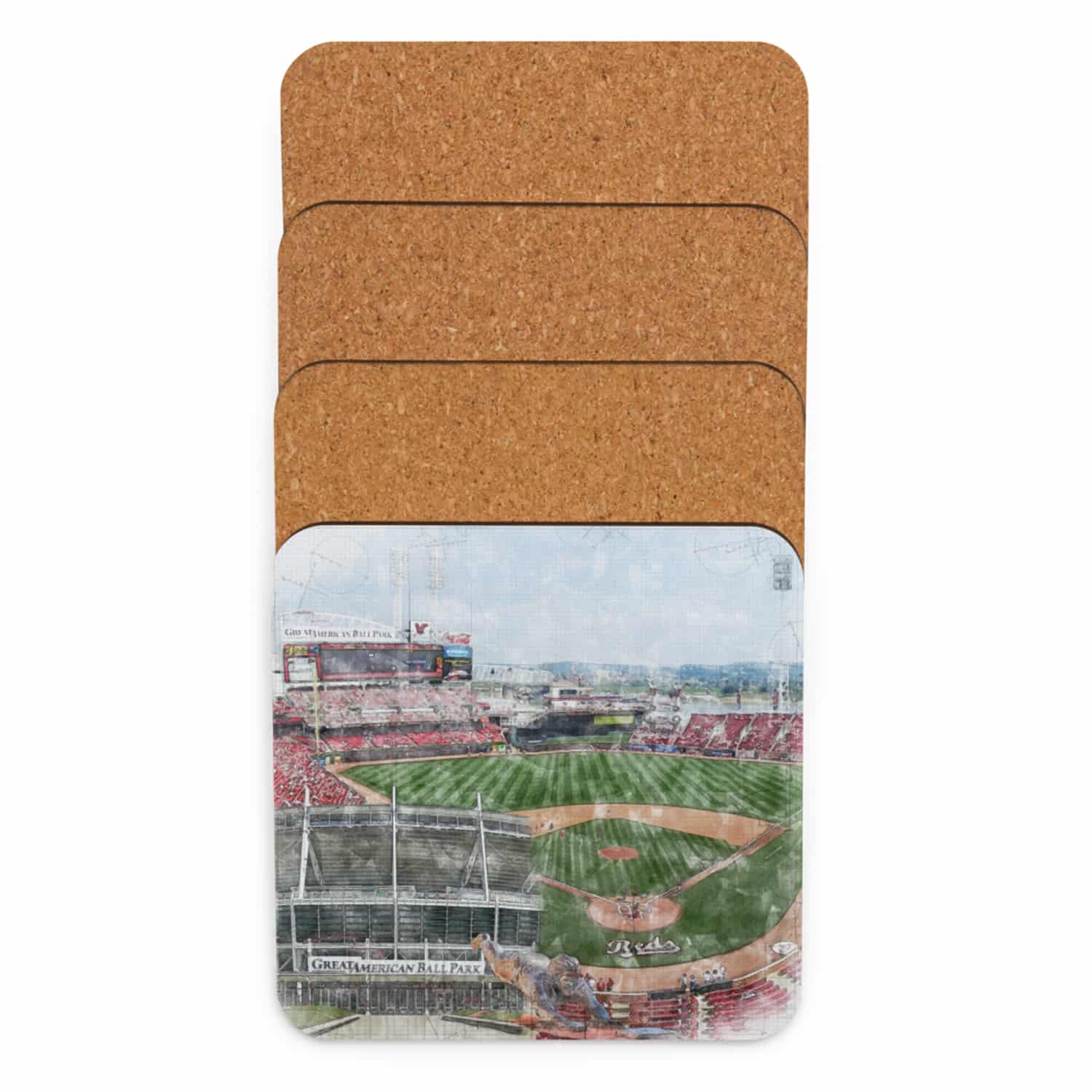 mlb-cin-cstr-6 Great American Ball Park Cork Back Coaster, Cincinnati Reds Baseball