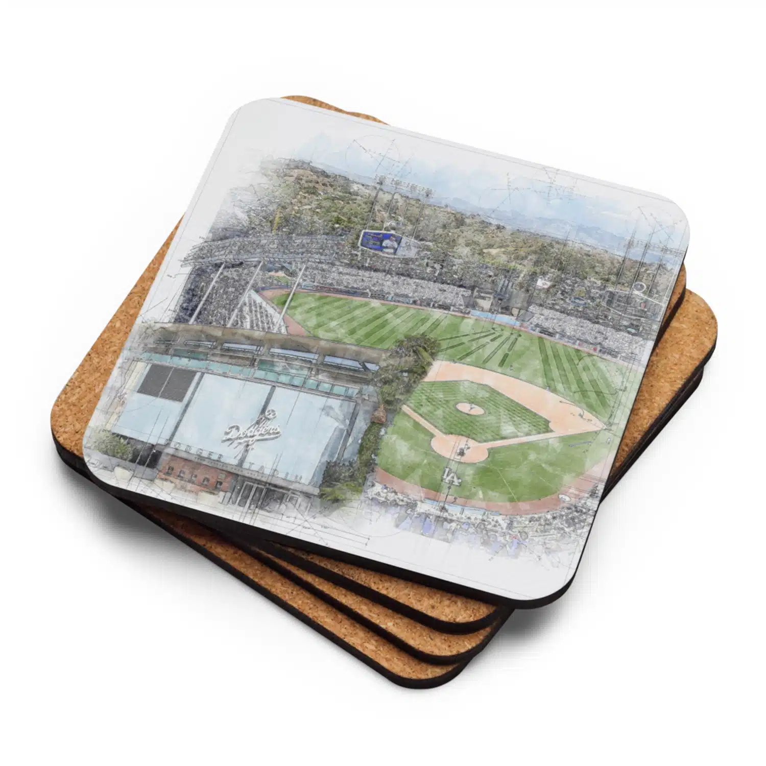 Dodger Stadium High Gloss Coated, Cork-Backed Drink Coaster, Los Angeles Dodgers Baseball