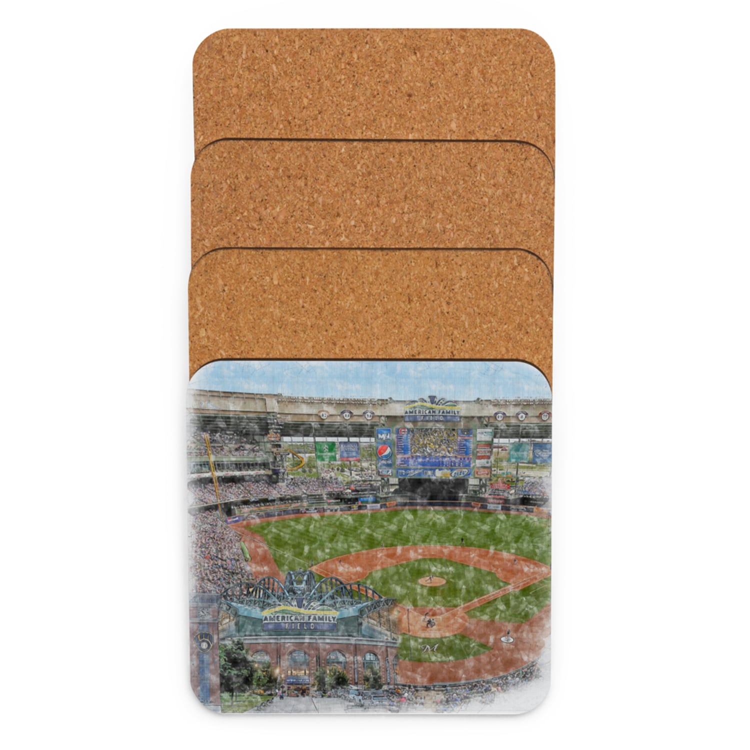 mlb-mil-cstr-6 American Family Field Cork Back Coaster, Milwaukee Brewers Baseball