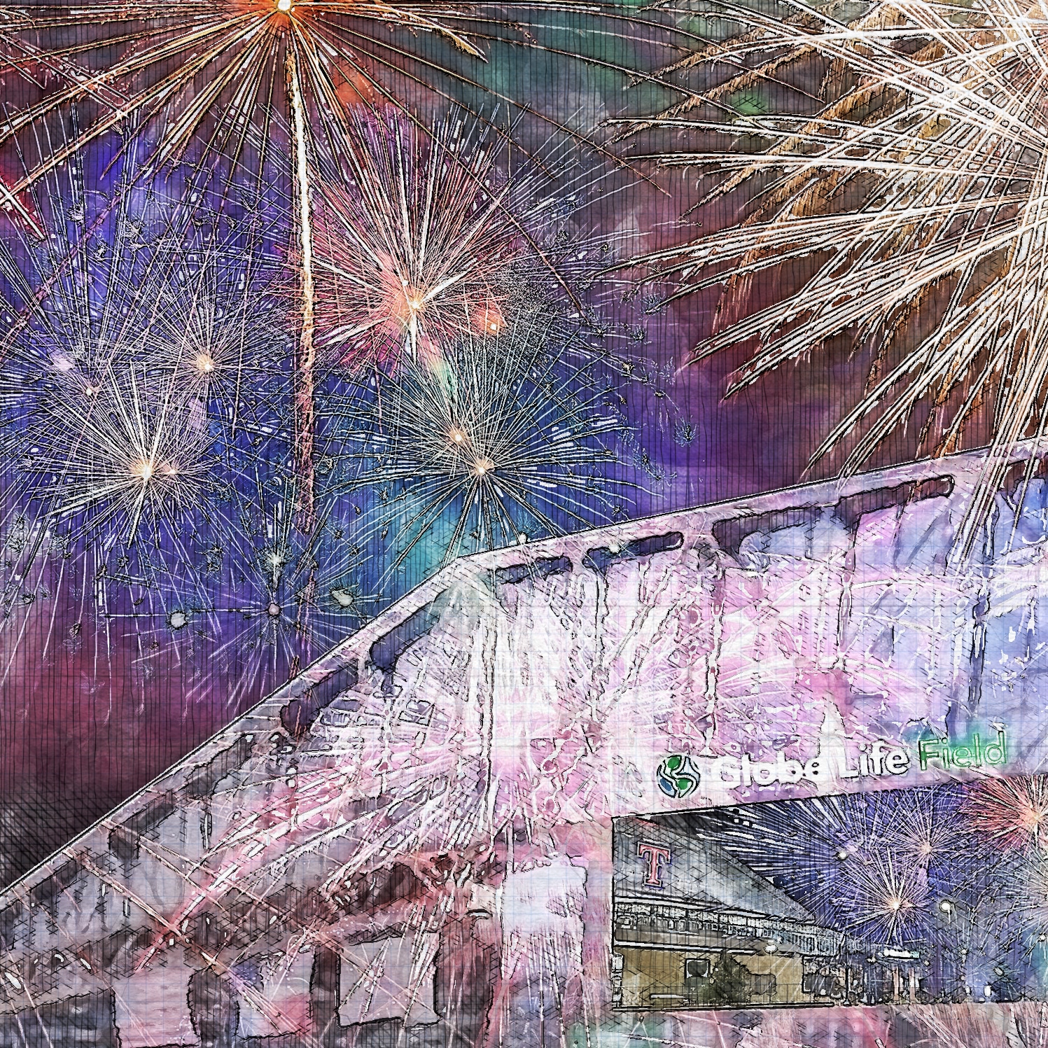 close-mlb-tex-fireworks-03 2024 Limited Edition Fireworks Series, Globe Life Field Print, Texas Rangers Baseball