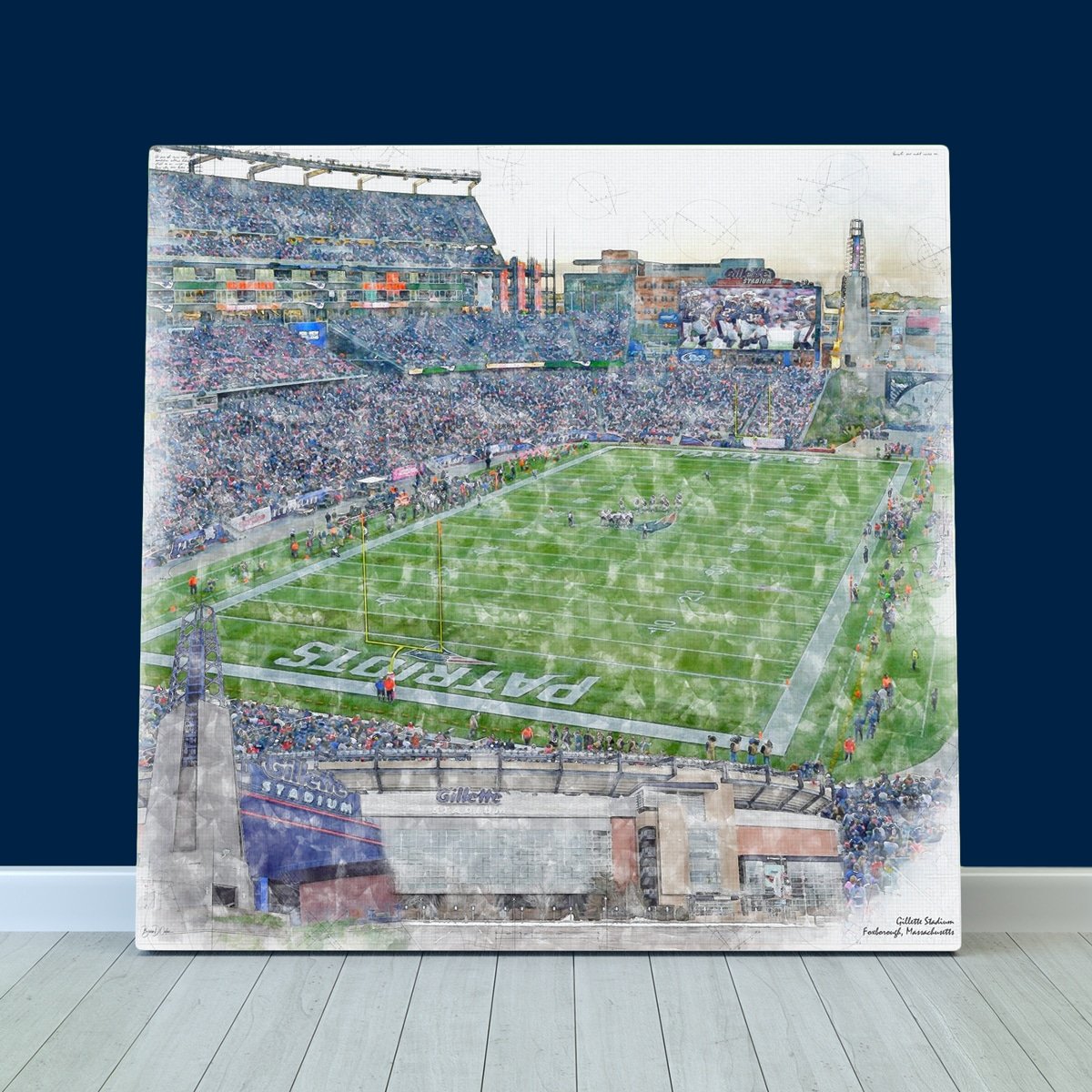 Gillette Stadium Print, Artist Drawn Football Stadium, New England Patriots Football