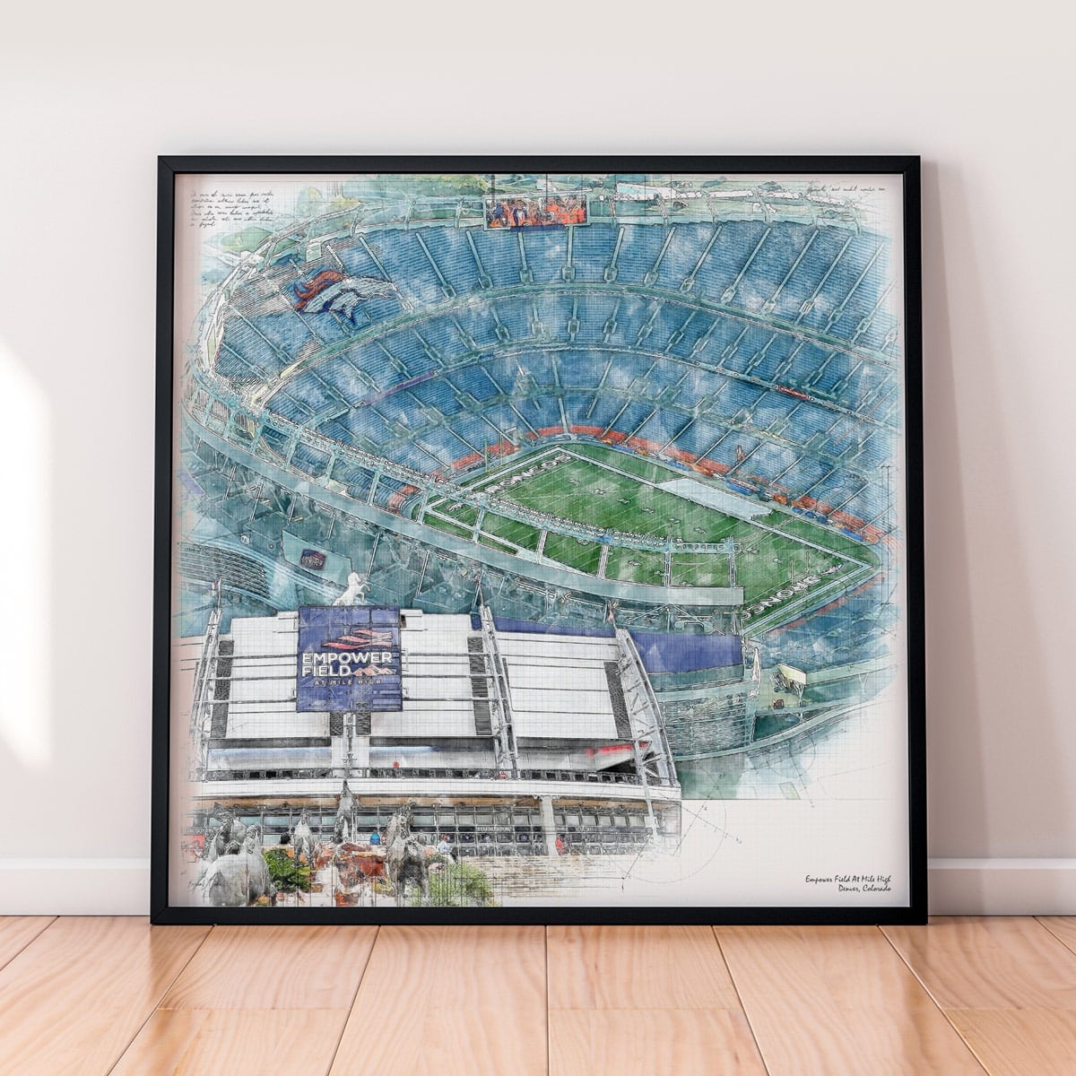 floor-print-nfl-den Empower Field At Mile High Print, Artist Drawn Football Stadium, Denver Broncos Football