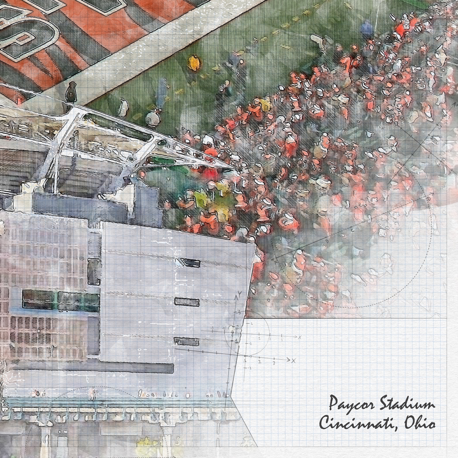 close-nfl-cin-03 Paycor Stadium Print, Artist Drawn Football Stadium, Cincinnati Bengals Football