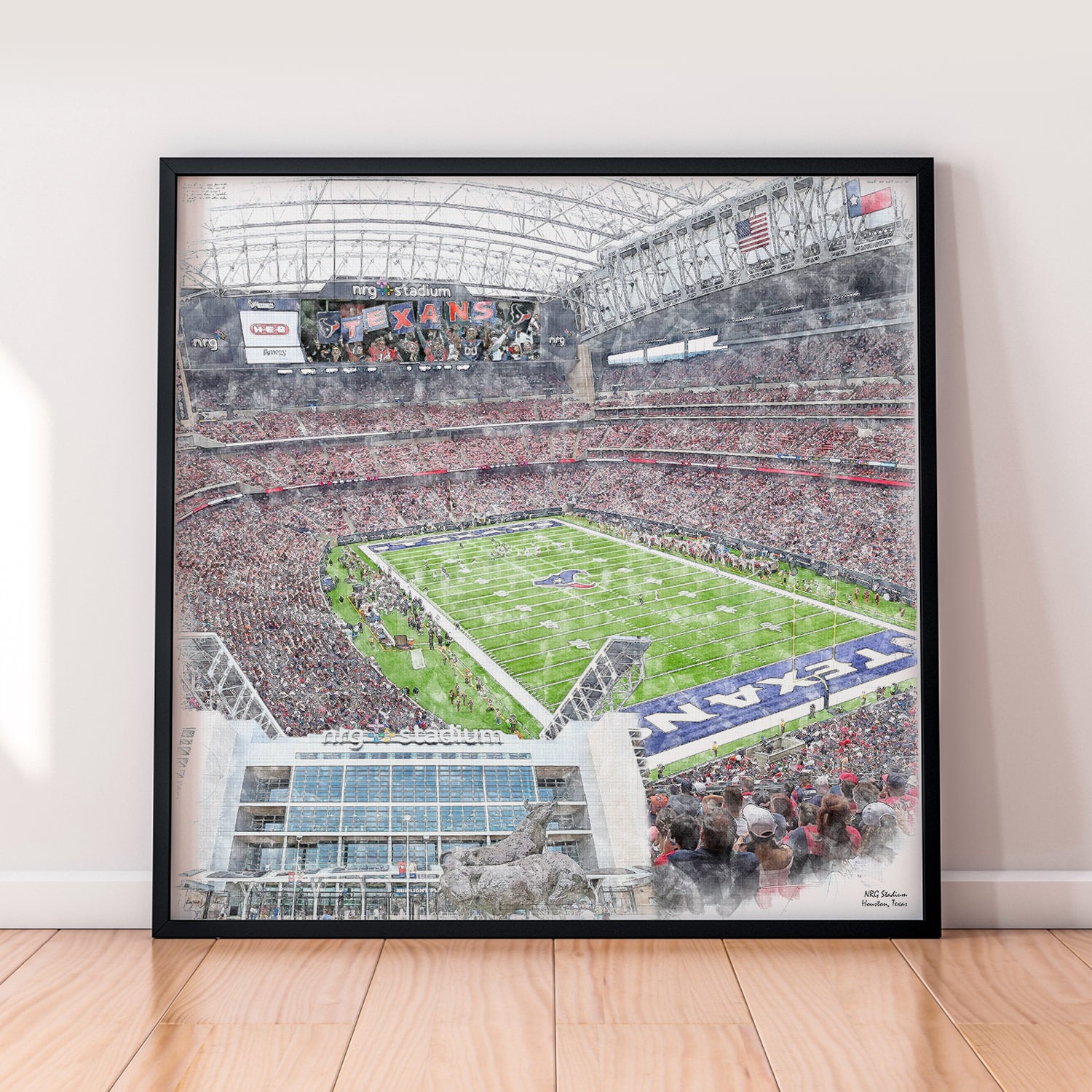 floor-print-nfl-hou NRG Stadium Print, Artist Drawn Football Stadium, Houston Texans Football