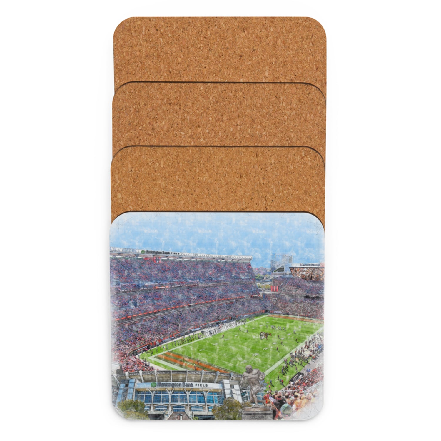 nfl-cle-cstr-n-4 Huntington Bank Field High Gloss Coated, Cork-Backed Drink Coaster, Cleveland Browns Football