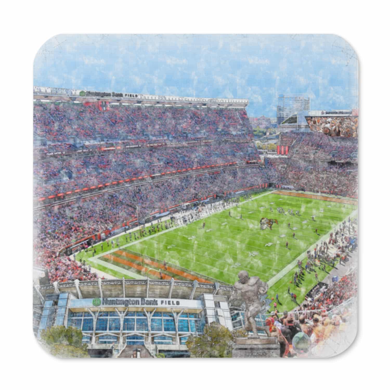 nfl-cle-cstr-n-8 Huntington Bank Field High Gloss Coated, Cork-Backed Drink Coaster, Cleveland Browns Football