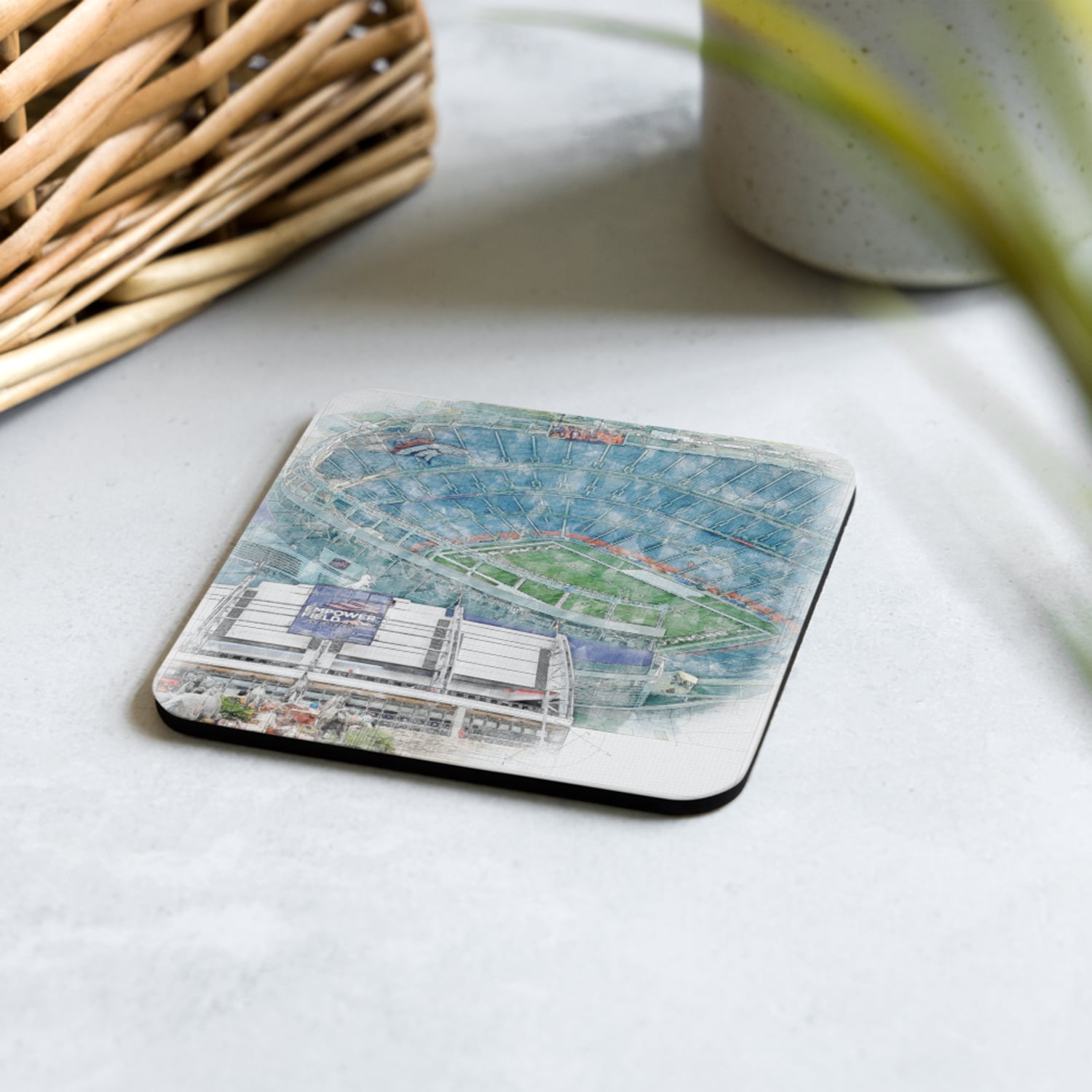 nfl-den-cstr-7 Empower Field At Mile High High Gloss Coated, Cork-Backed Drink Coaster, Denver Broncos Football