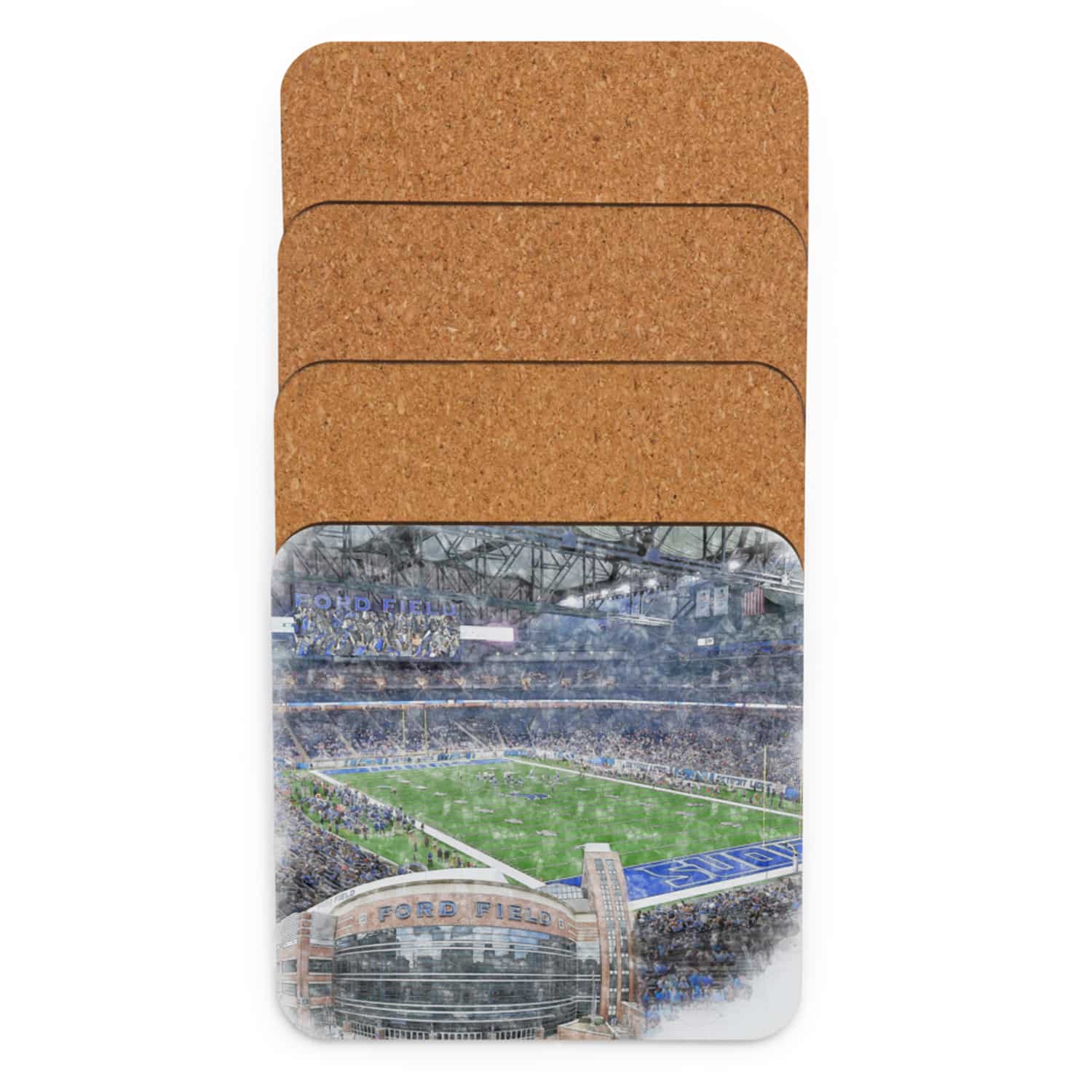 nfl-det-cstr-5 Ford Field High Gloss Coated, Cork-Backed Drink Coaster, Detroit Lions Football