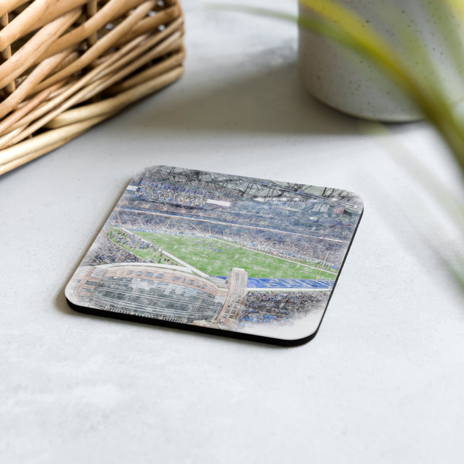 nfl-det-cstr-7 Ford Field High Gloss Coated, Cork-Backed Drink Coaster, Detroit Lions Football