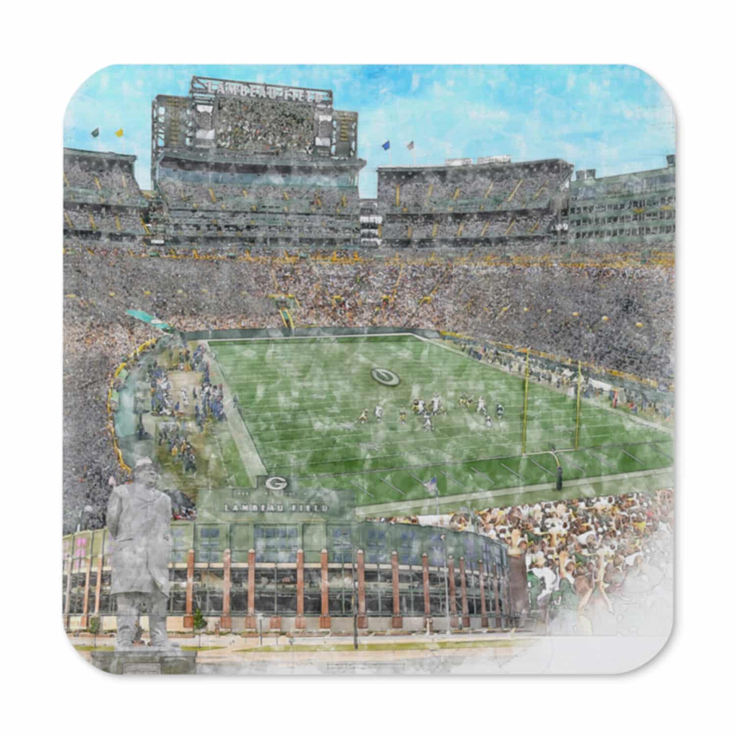 nfl-gb-cstr-1 Lambeau Field High Gloss Coated, Cork-Backed Drink Coaster, Green Bay Packers Football