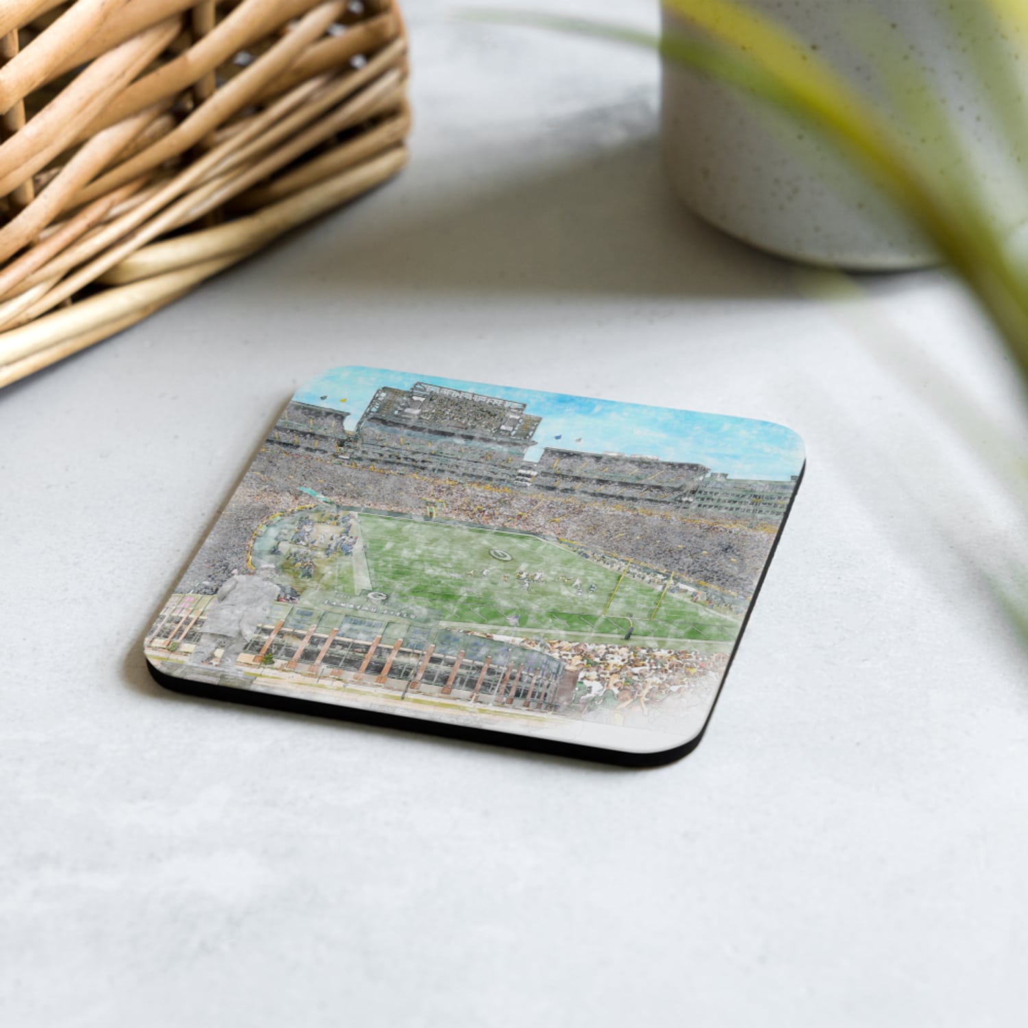 nfl-gb-cstr-7 Lambeau Field High Gloss Coated, Cork-Backed Drink Coaster, Green Bay Packers Football