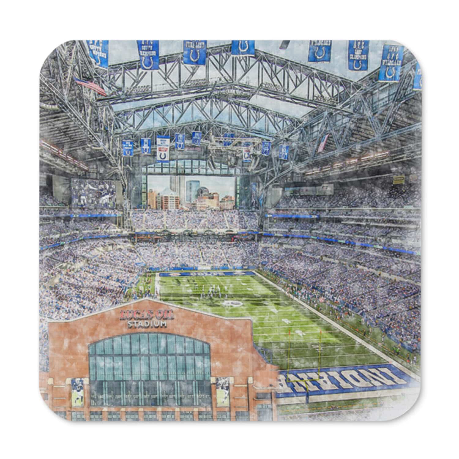 nfl-ind-cstr-1 Lucas Oil Stadium High Gloss Coated, Cork-Backed Drink Coaster, Indianapolis Colts Football