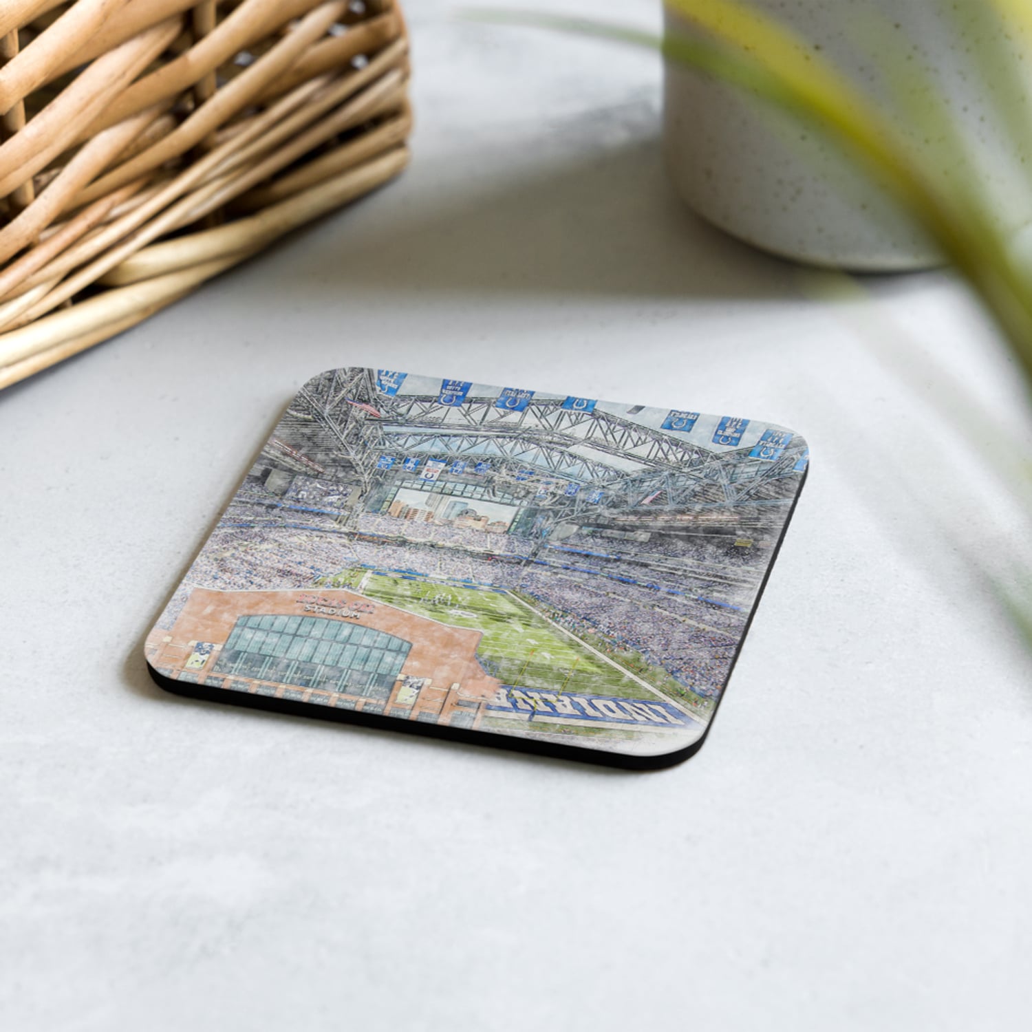 nfl-ind-cstr-7 Lucas Oil Stadium High Gloss Coated, Cork-Backed Drink Coaster, Indianapolis Colts Football