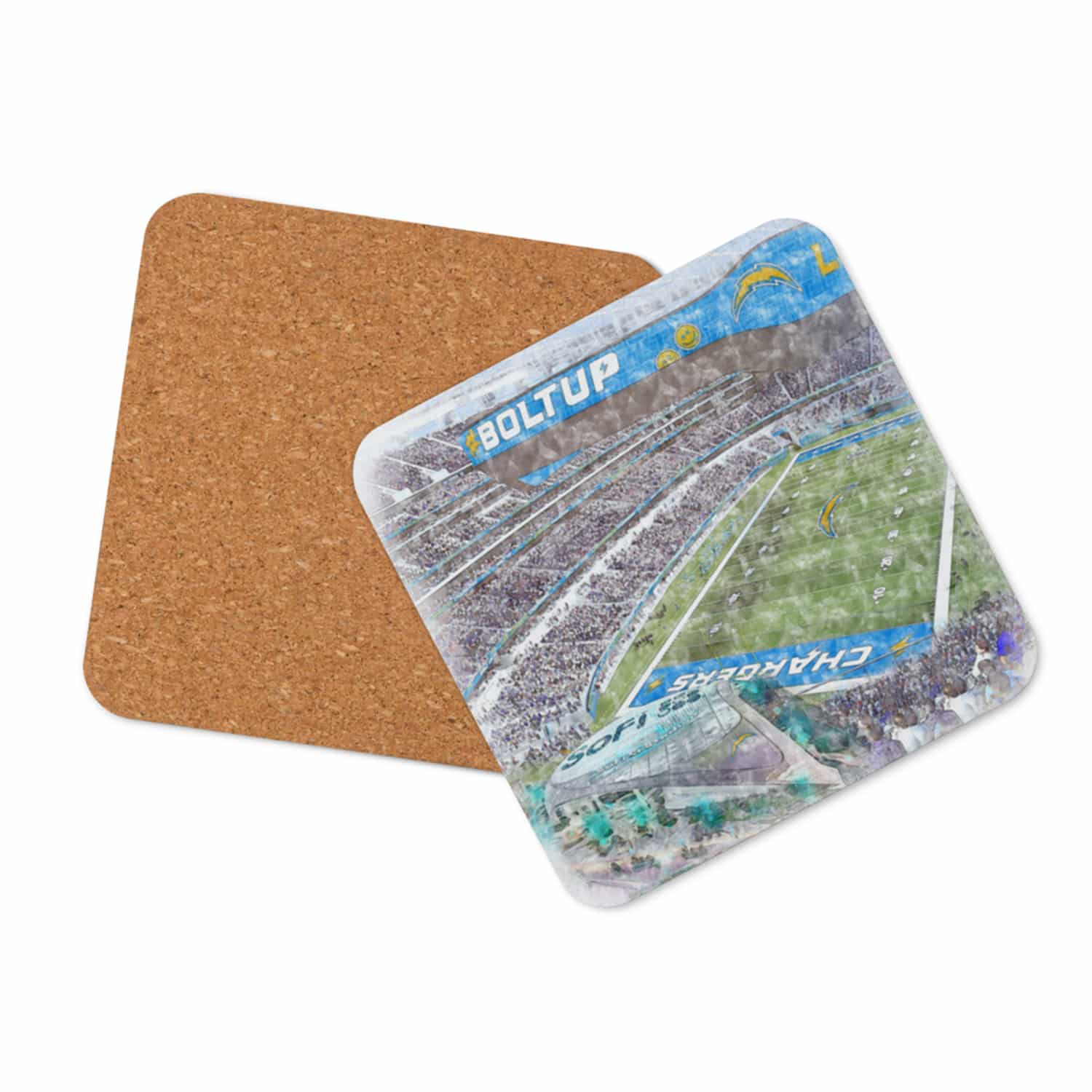 nfl-lac-cstr-2 SoFi Stadium High Gloss Coated, Cork-Backed Drink Coaster, Los Angeles Chargers Football