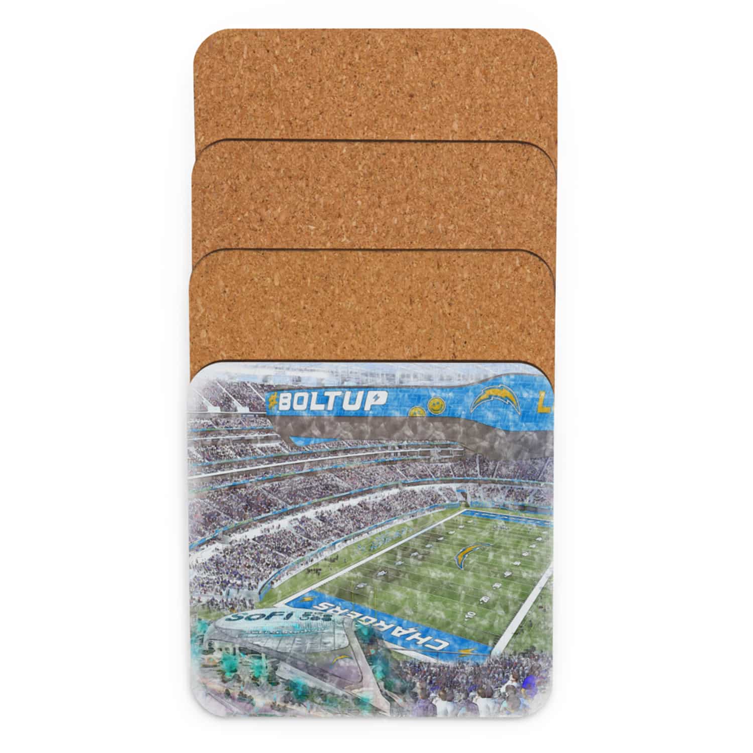 nfl-lac-cstr-5 SoFi Stadium High Gloss Coated, Cork-Backed Drink Coaster, Los Angeles Chargers Football
