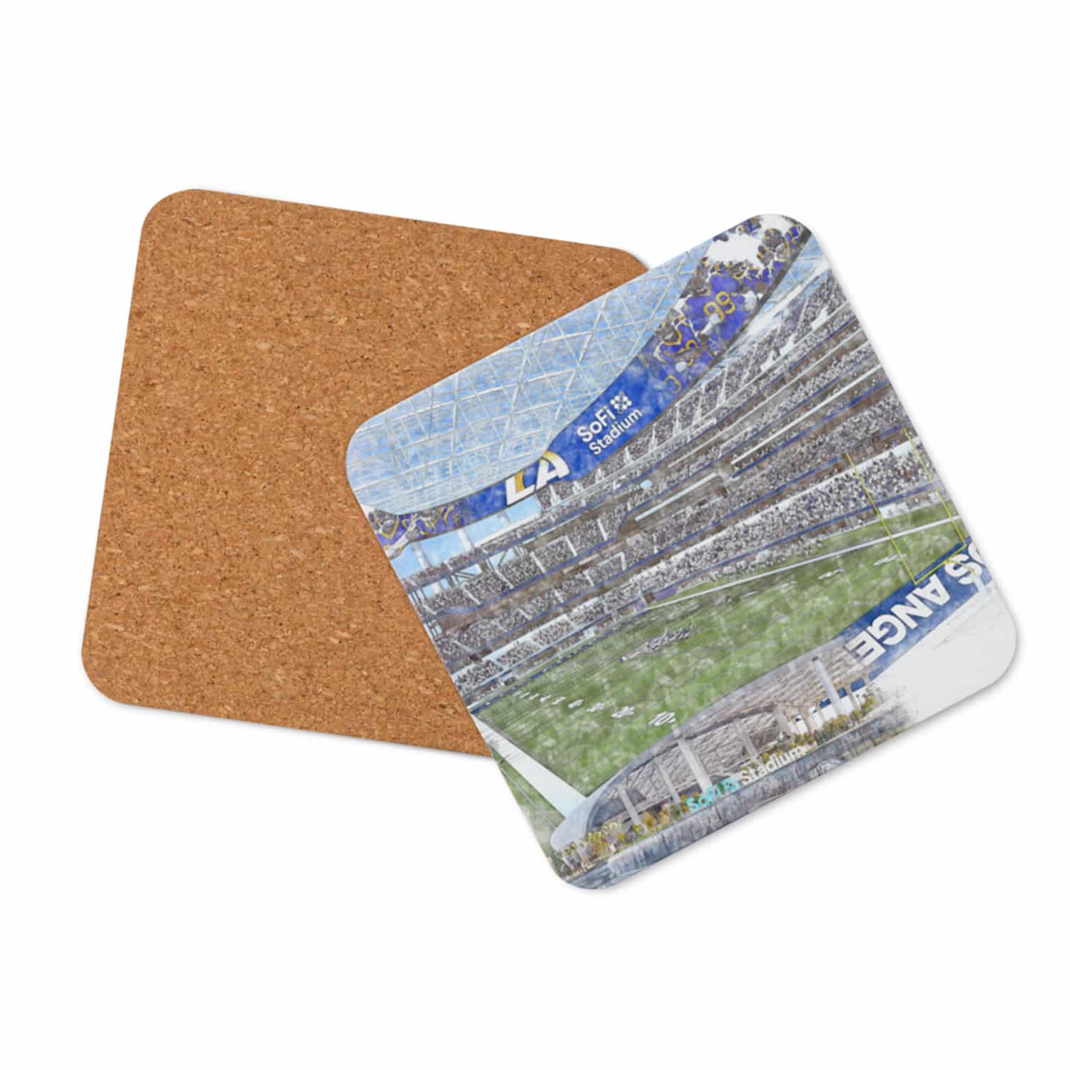 nfl-lar-cstr-2 SoFi Stadium High Gloss Coated, Cork-Backed Drink Coaster, Los Angeles Rams Football