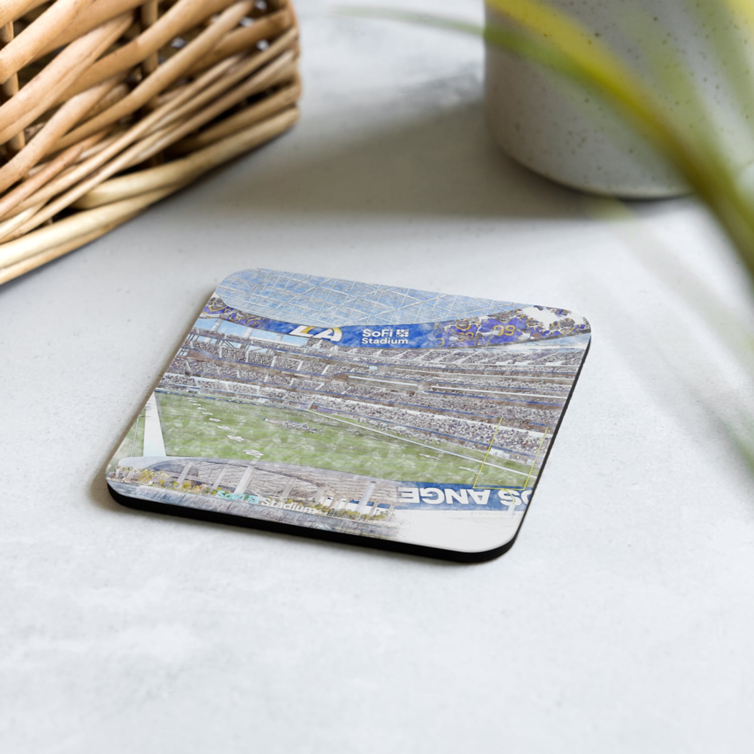nfl-lar-cstr-7 SoFi Stadium High Gloss Coated, Cork-Backed Drink Coaster, Los Angeles Rams Football