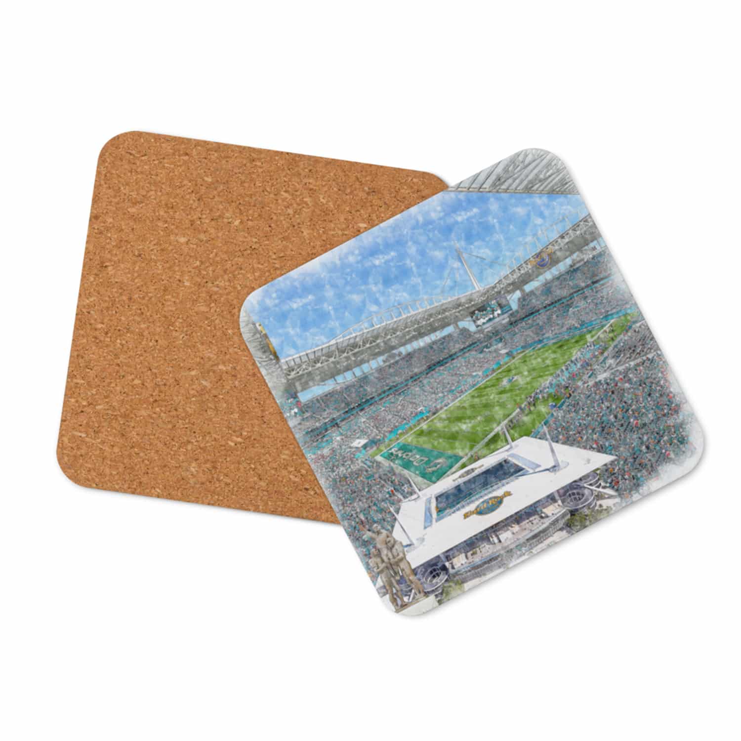 nfl-mia-cstr-2 Hard Rock Stadium High Gloss Coated, Cork-Backed Drink Coaster, Miami Dolphins Football