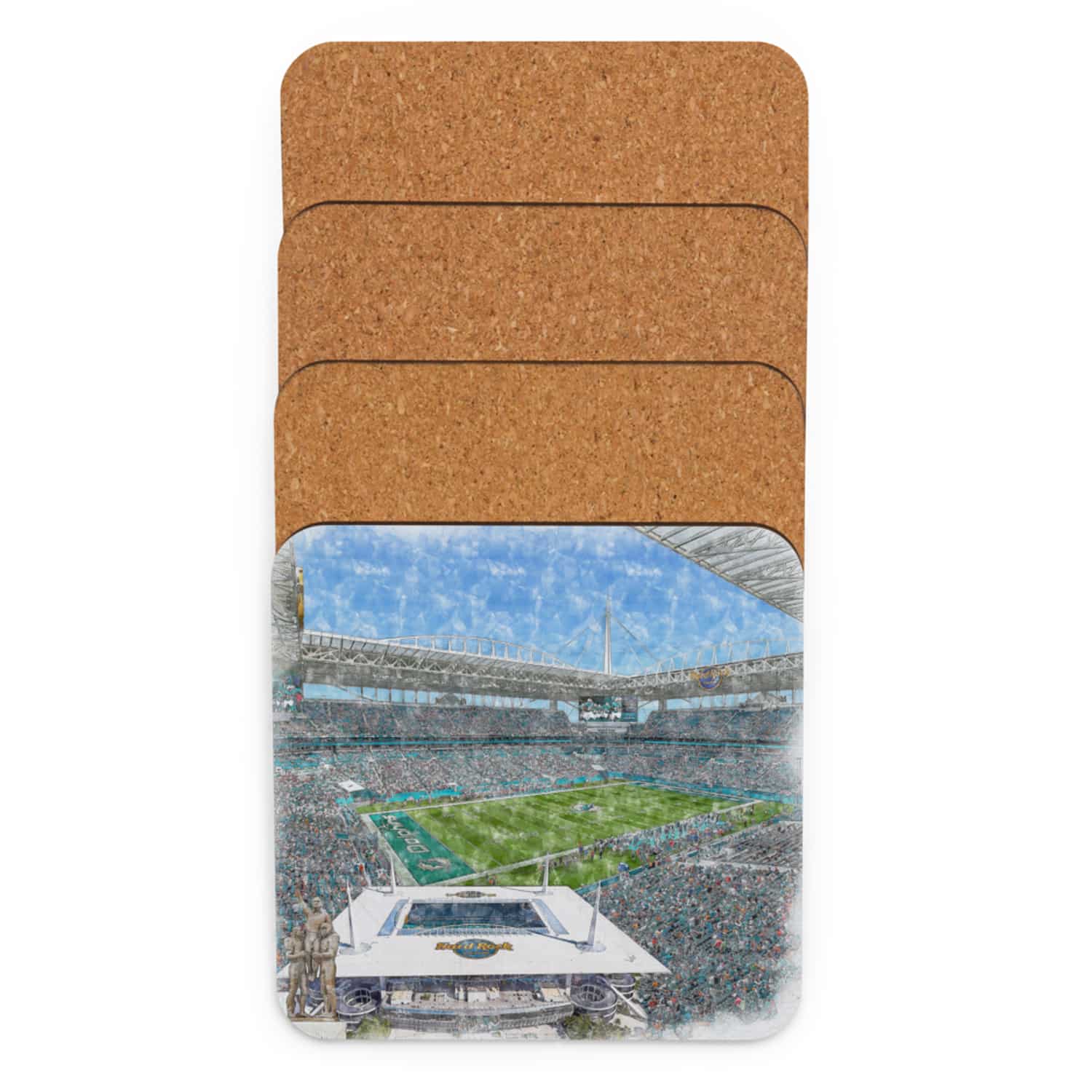 nfl-mia-cstr-5 Hard Rock Stadium High Gloss Coated, Cork-Backed Drink Coaster, Miami Dolphins Football