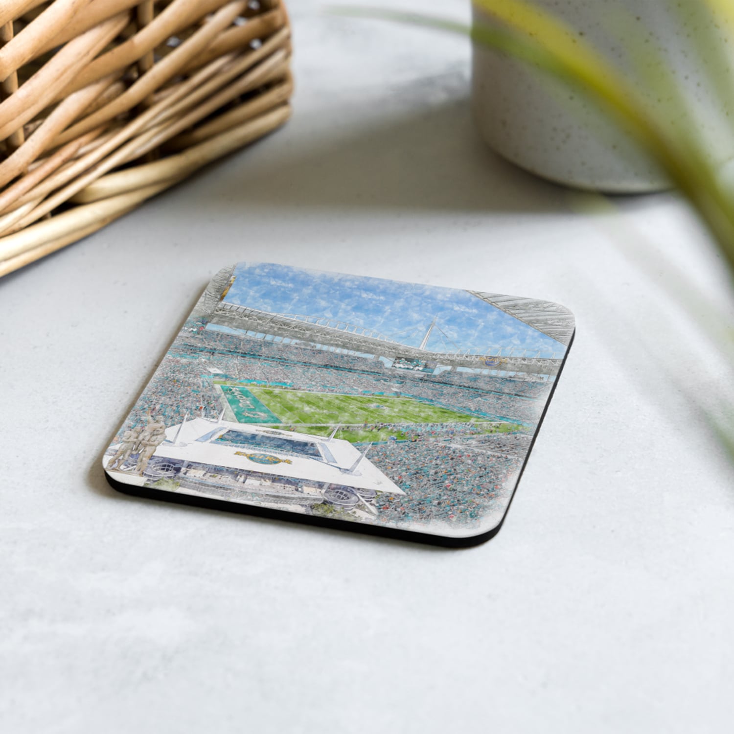 nfl-mia-cstr-7 Hard Rock Stadium High Gloss Coated, Cork-Backed Drink Coaster, Miami Dolphins Football