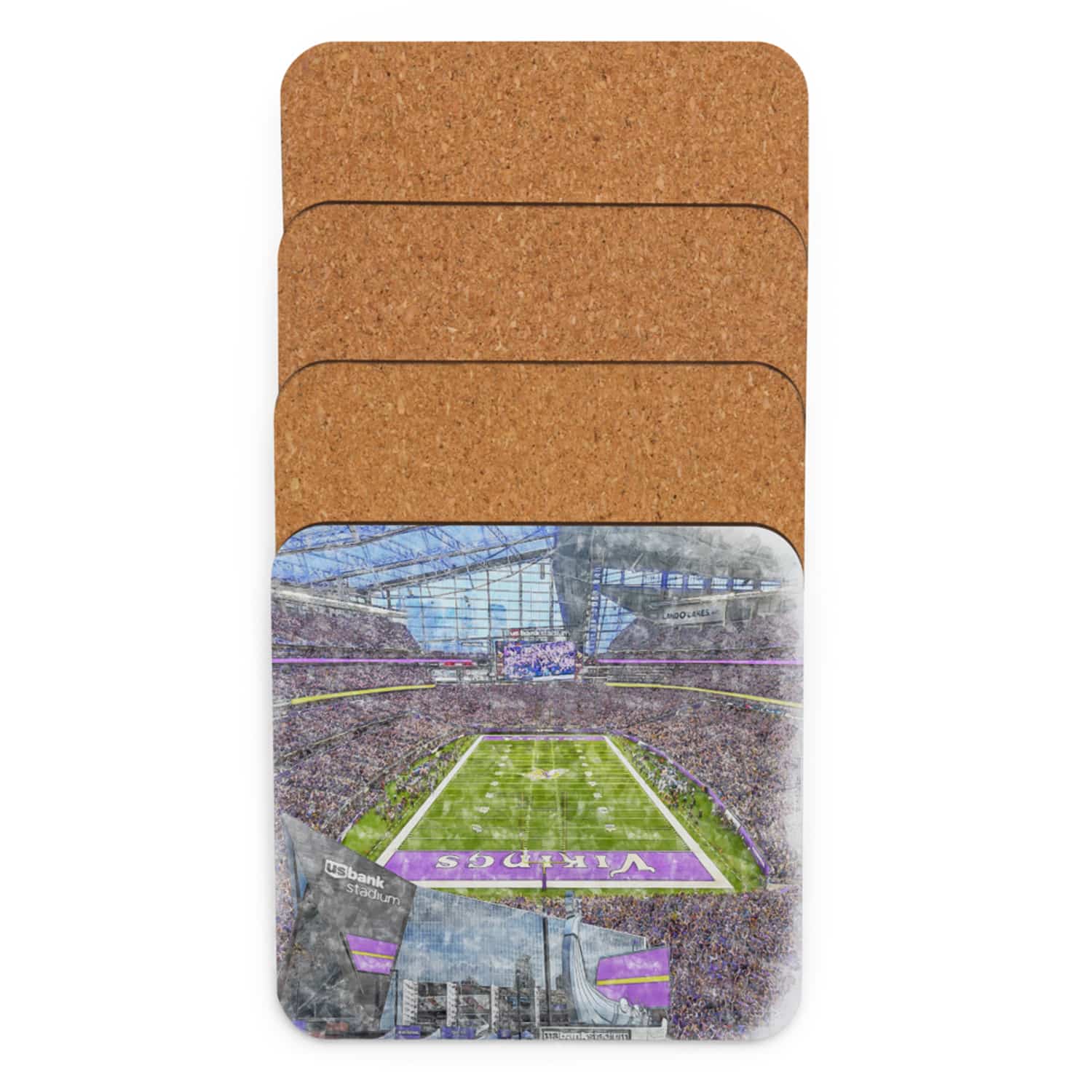 nfl-min-cstr-5 U.S. Bank Stadium High Gloss Coated, Cork-Backed Drink Coaster, Minnesota Vikings Football
