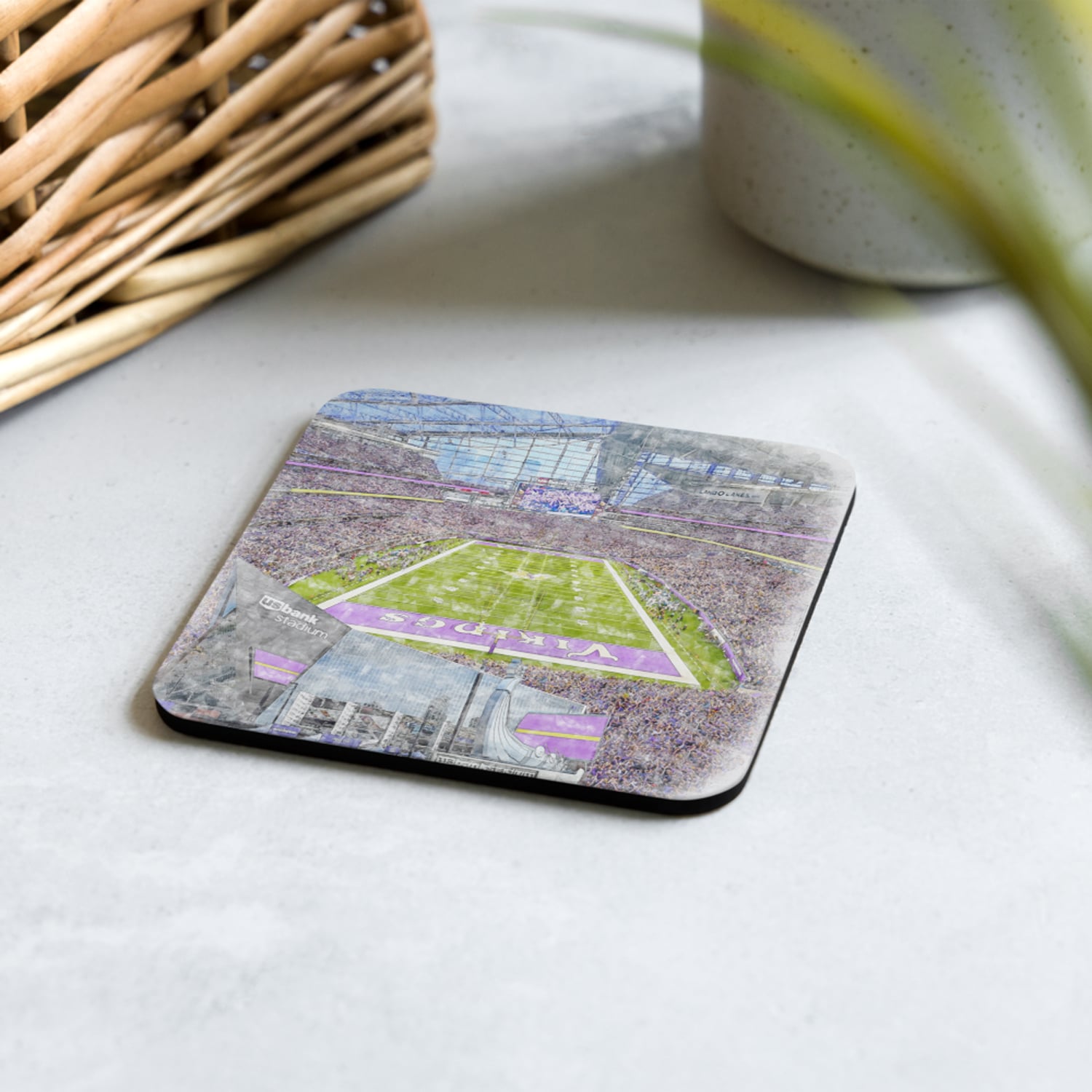 nfl-min-cstr-7 U.S. Bank Stadium High Gloss Coated, Cork-Backed Drink Coaster, Minnesota Vikings Football