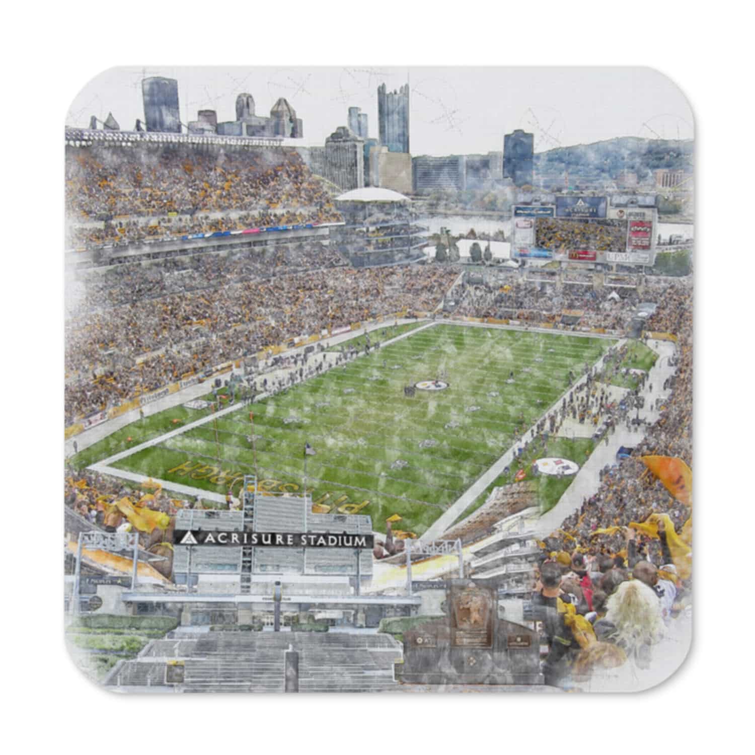 nfl-pit-cstr-1 Acrisure Stadium High Gloss Coated, Cork-Backed Drink Coaster, Pittsburgh Steelers Football