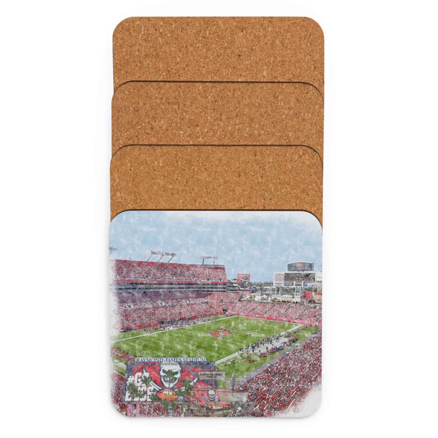 nfl-tb-cstr-5 Raymond James Stadium High Gloss Coated, Cork-Backed Drink Coaster, Tampa Bay Buccaneers Football