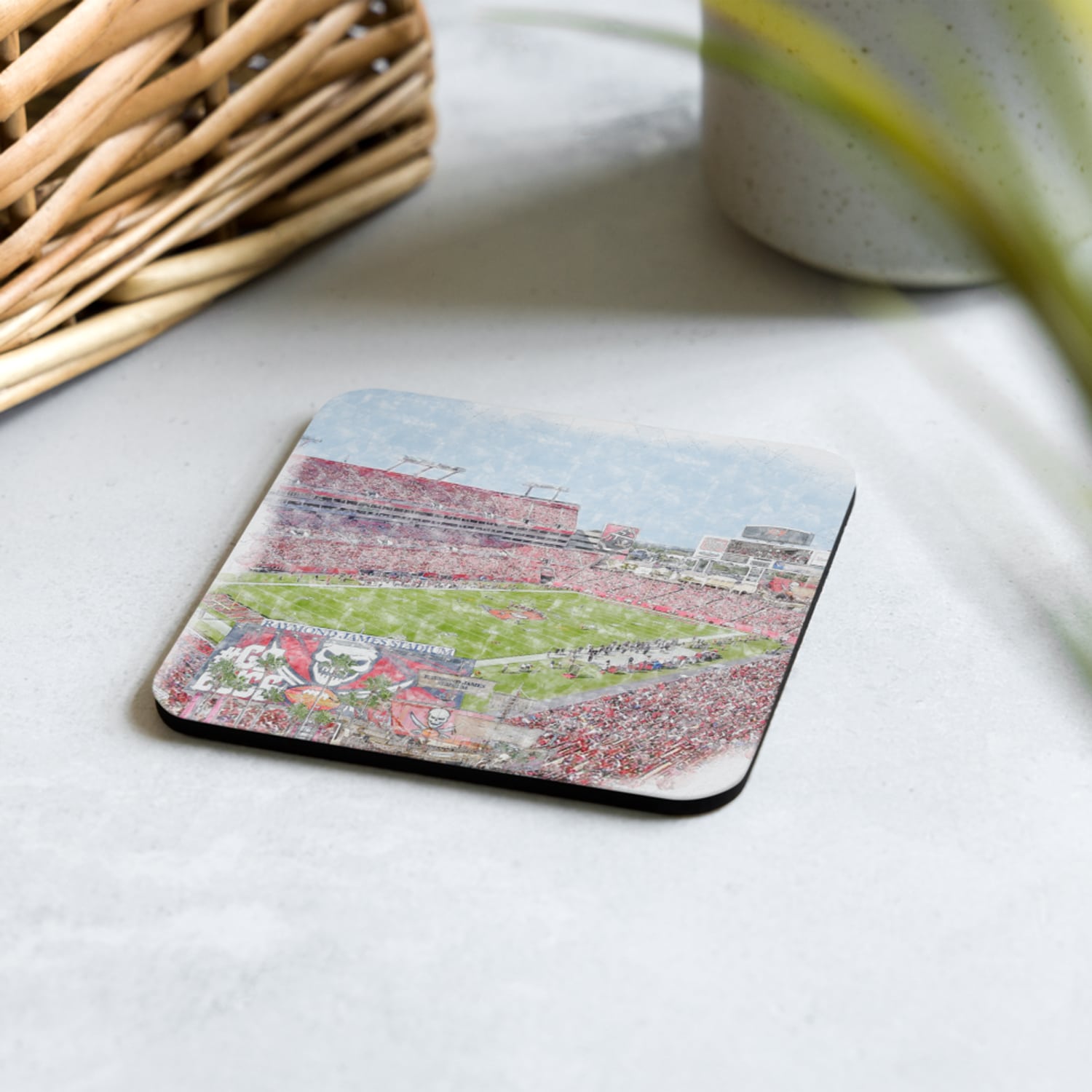 nfl-tb-cstr-7 Raymond James Stadium High Gloss Coated, Cork-Backed Drink Coaster, Tampa Bay Buccaneers Football