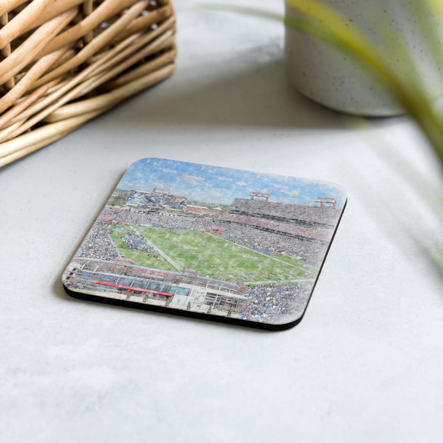 nfl-ten-cstr-7 Nissan Stadium High Gloss Coated, Cork-Backed Drink Coaster, Tennessee Titans Football