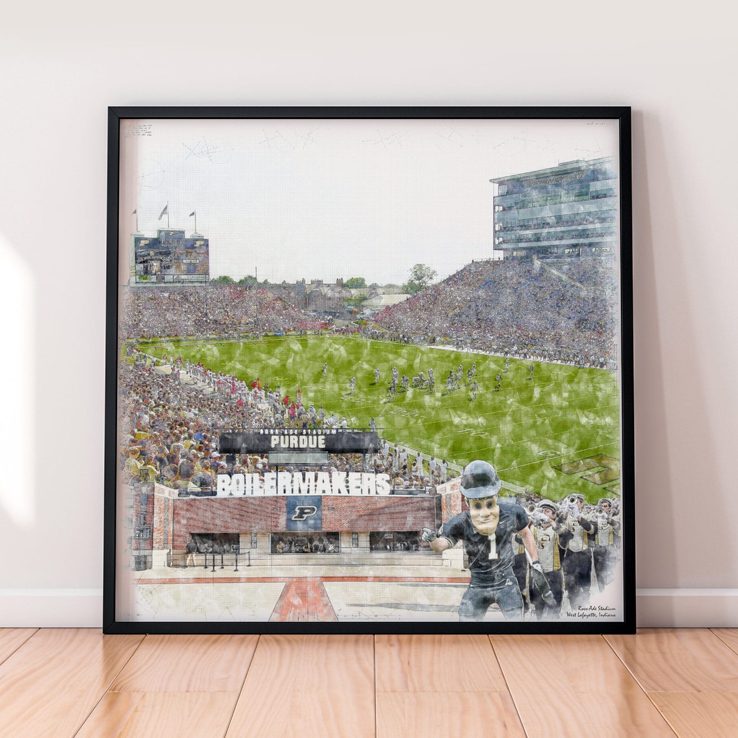 floor-print-ncaa-purdue Ross-Ade Stadium Print, Artist Drawn College Football Stadium, Purdue Boilermakers College Football