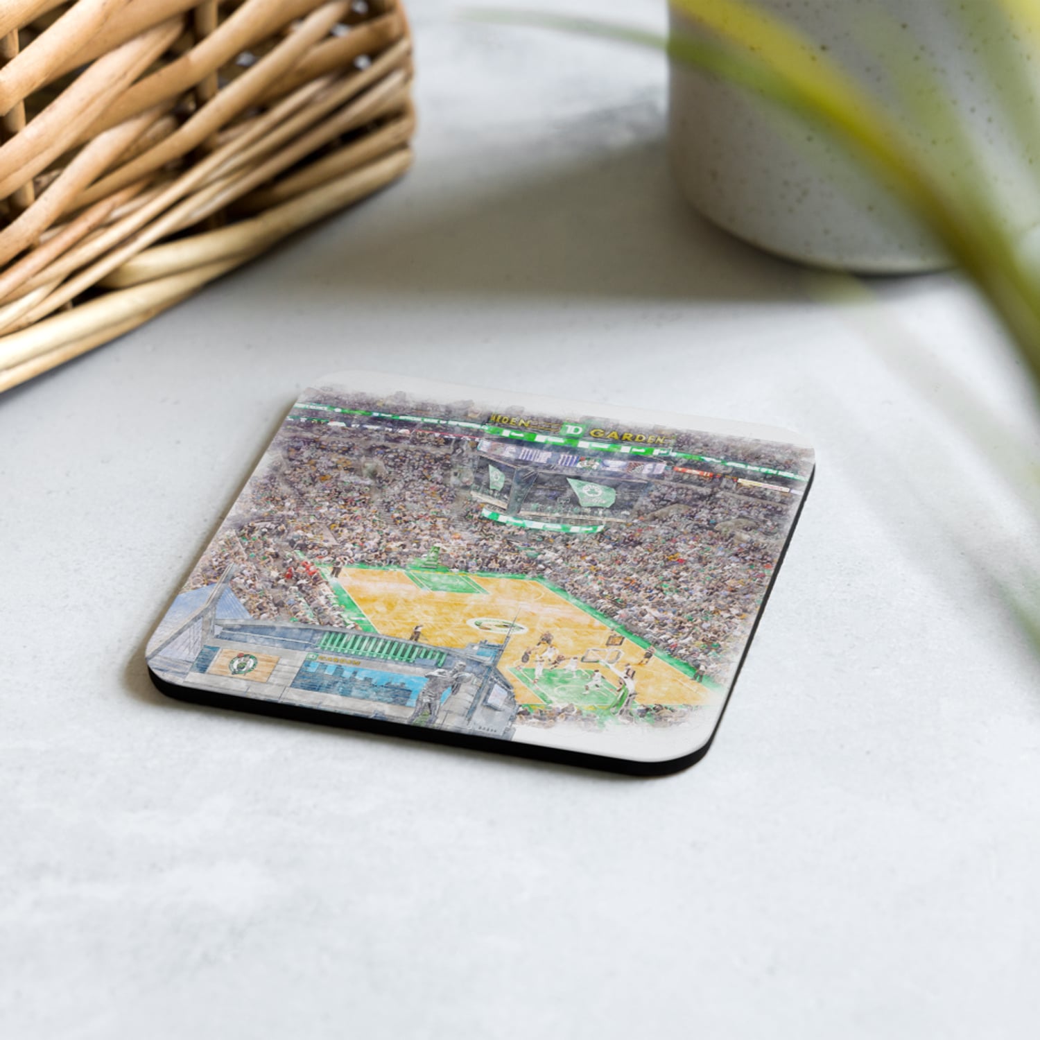 nba-bos-cstr-2 TD Garden High Gloss Coated, Cork-Backed Drink Coaster, Boston Celtics Basketball