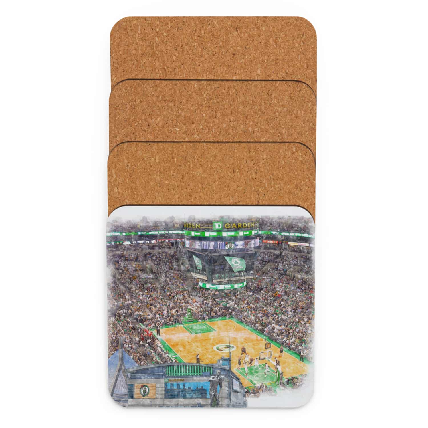 nba-bos-cstr-4 TD Garden High Gloss Coated, Cork-Backed Drink Coaster, Boston Celtics Basketball