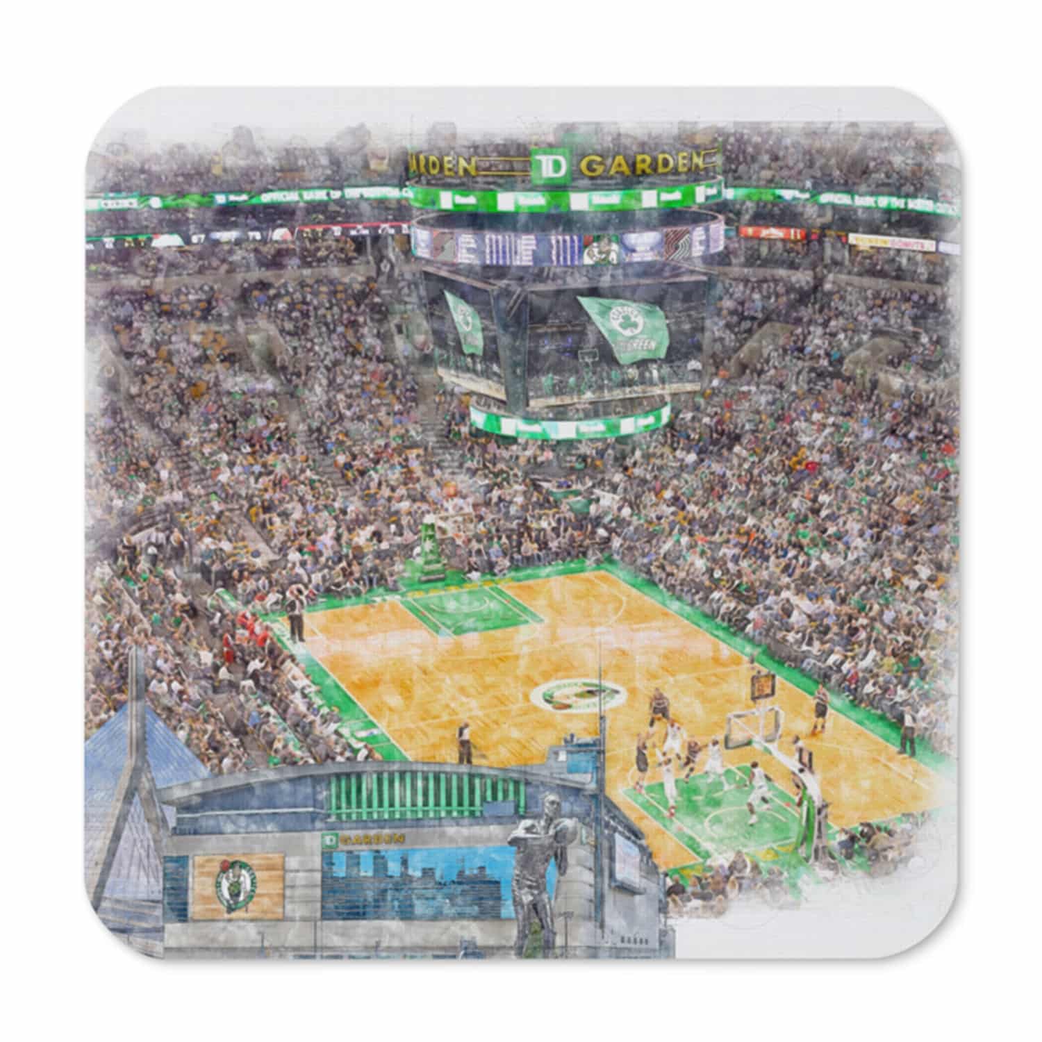 nba-bos-cstr-8 TD Garden High Gloss Coated, Cork-Backed Drink Coaster, Boston Celtics Basketball