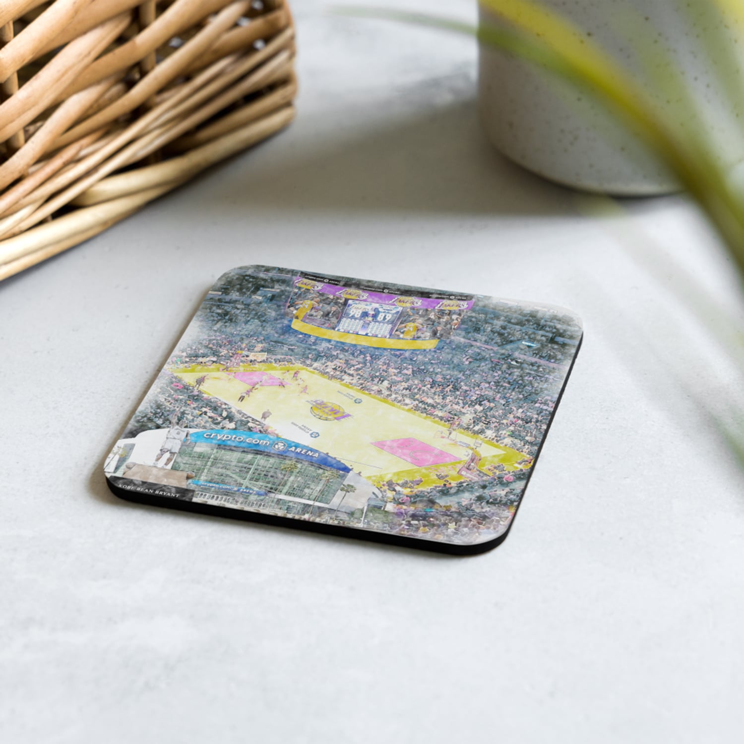 nba-lal-cstr-2 Crypto.com Arena High Gloss Coated, Cork-Backed Drink Coaster, Los Angeles Lakers Basketball