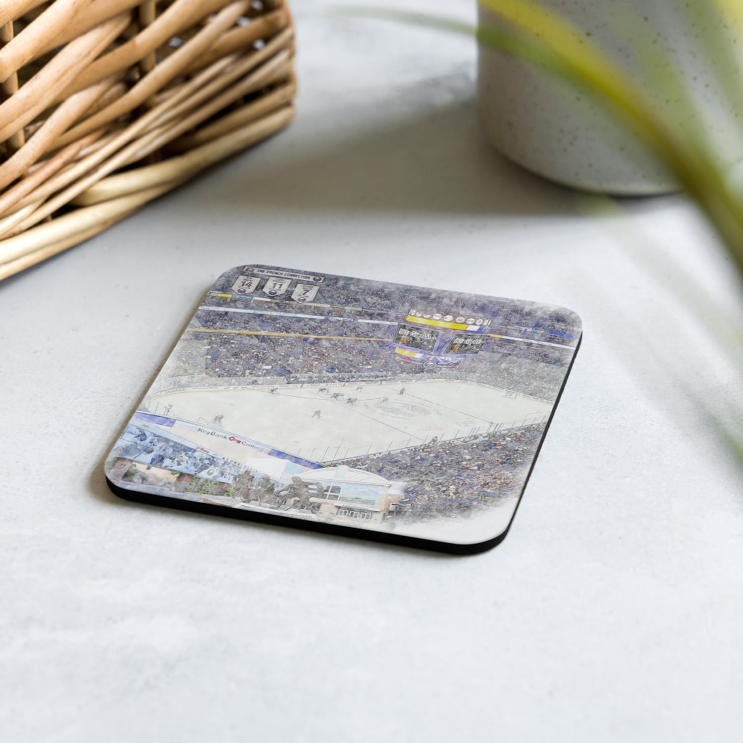 nhl-buf-cstr-2 KeyBank Center High Gloss Coated, Cork-Backed Drink Coaster, Buffalo Sabres Hockey