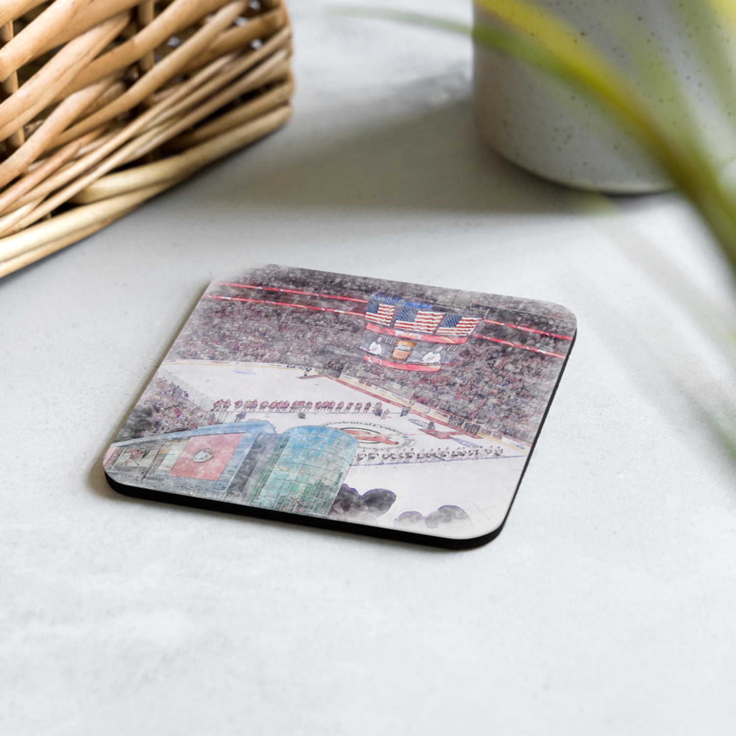 nhl-nj-cstr-2 Prudential Center High Gloss Coated, Cork-Backed Drink Coaster, New Jersey Devils Hockey