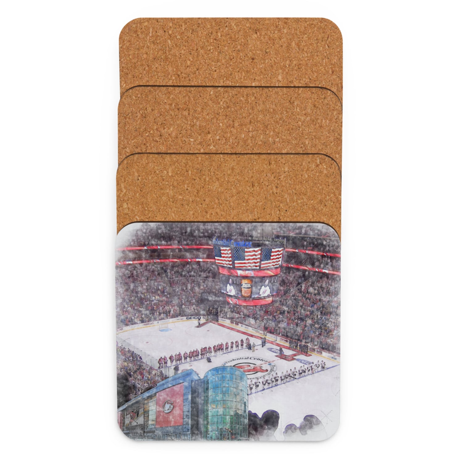 nhl-nj-cstr-4 Prudential Center High Gloss Coated, Cork-Backed Drink Coaster, New Jersey Devils Hockey