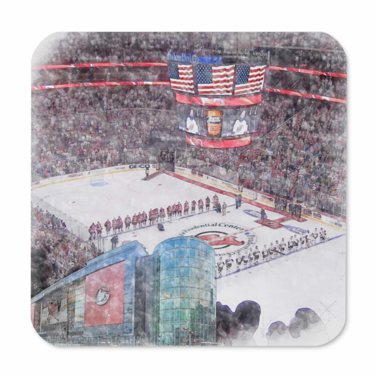 nhl-nj-cstr-8 Prudential Center High Gloss Coated, Cork-Backed Drink Coaster, New Jersey Devils Hockey