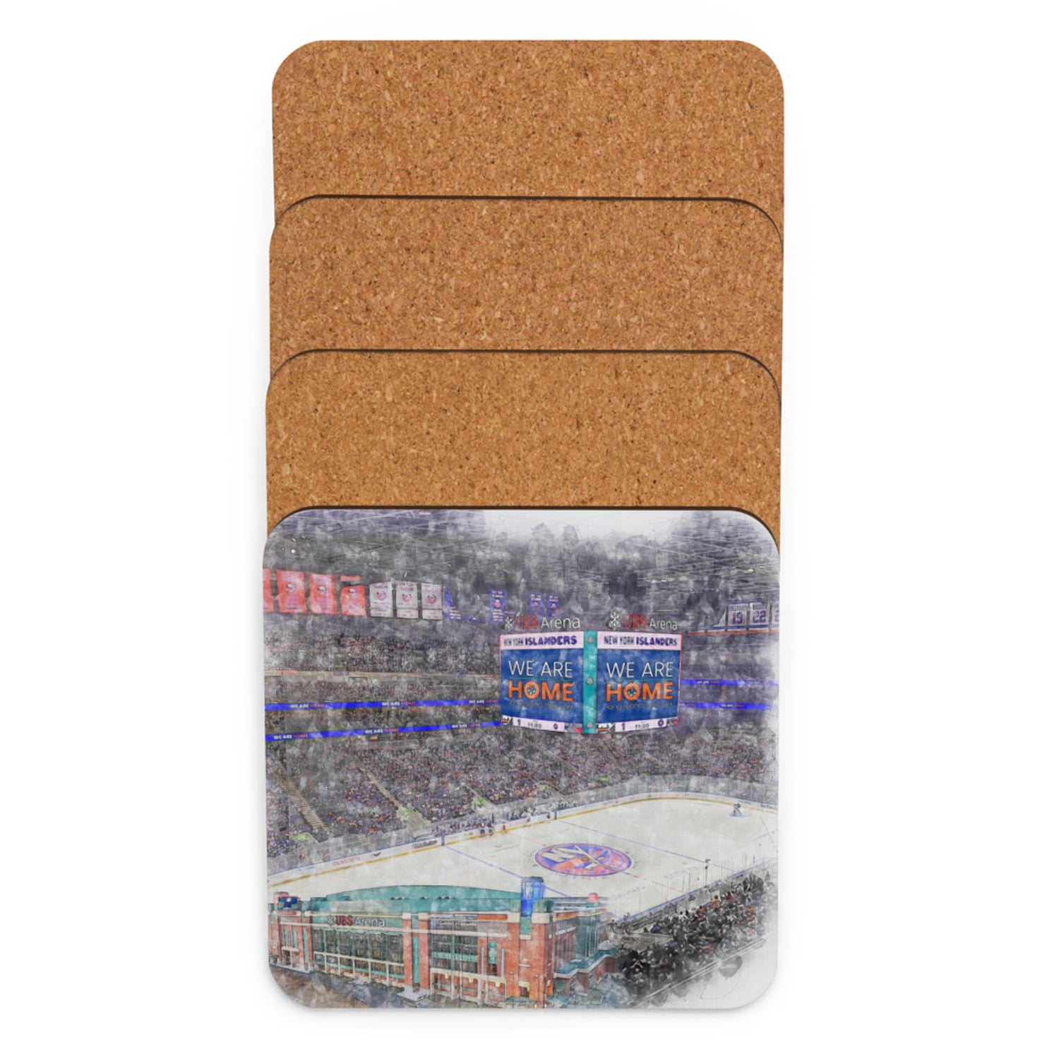 nhl-nyi-cstr-4 UBS Arena High Gloss Coated, Cork-Backed Drink Coaster, New York Islanders Hockey