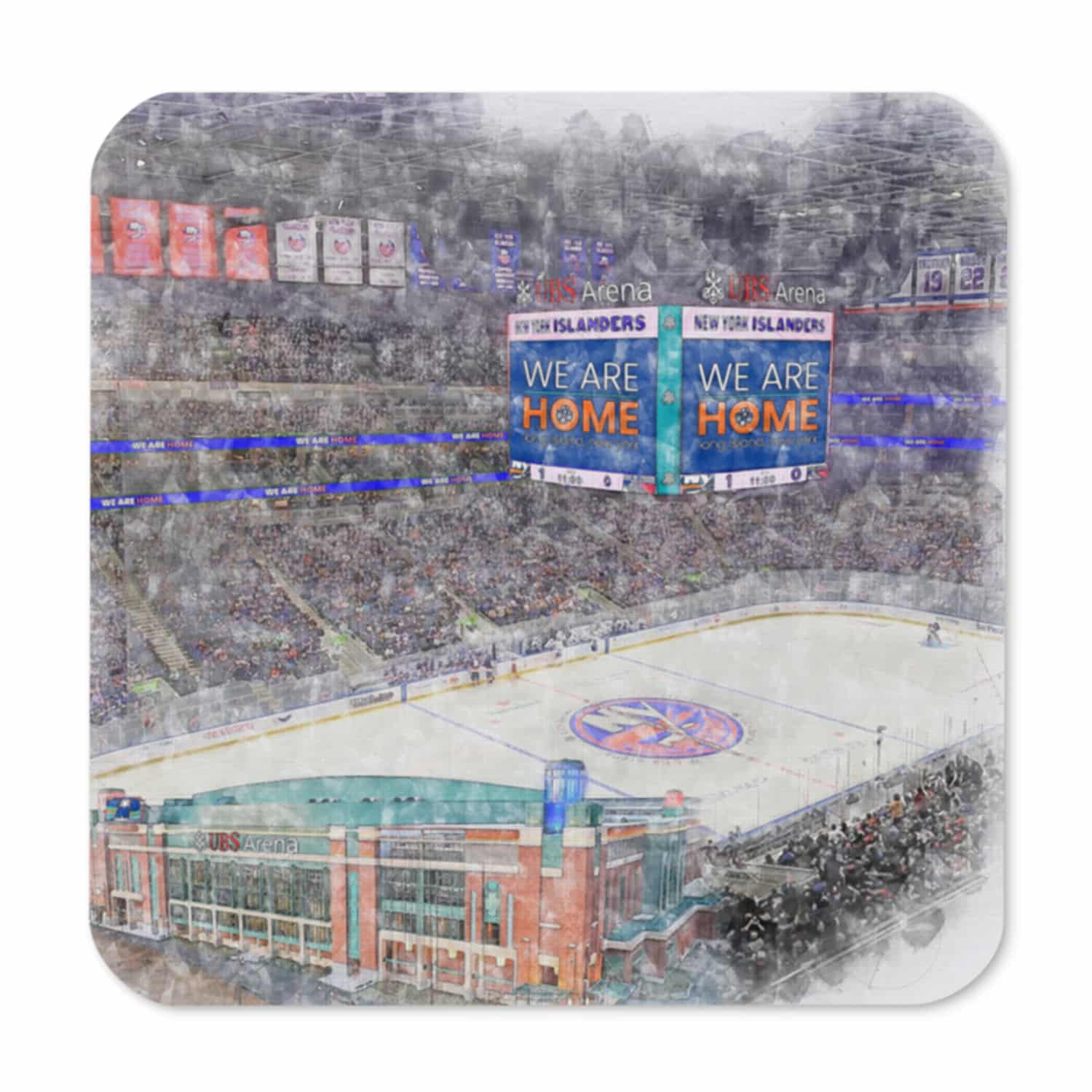 nhl-nyi-cstr-8 UBS Arena High Gloss Coated, Cork-Backed Drink Coaster, New York Islanders Hockey