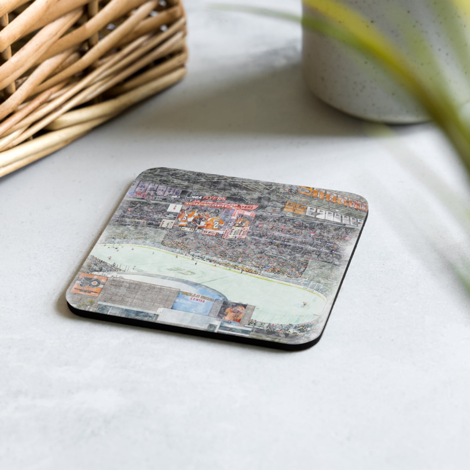 nhl-phi-cstr-2 Wells Fargo Center High Gloss Coated, Cork-Backed Drink Coaster, Philadelphia Flyers Hockey