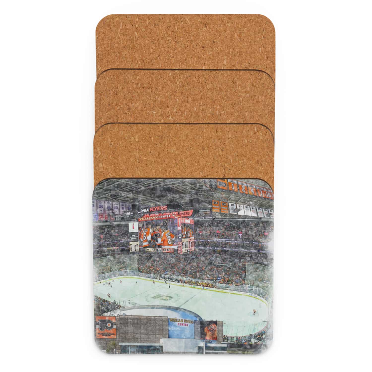 nhl-phi-cstr-4 Wells Fargo Center High Gloss Coated, Cork-Backed Drink Coaster, Philadelphia Flyers Hockey